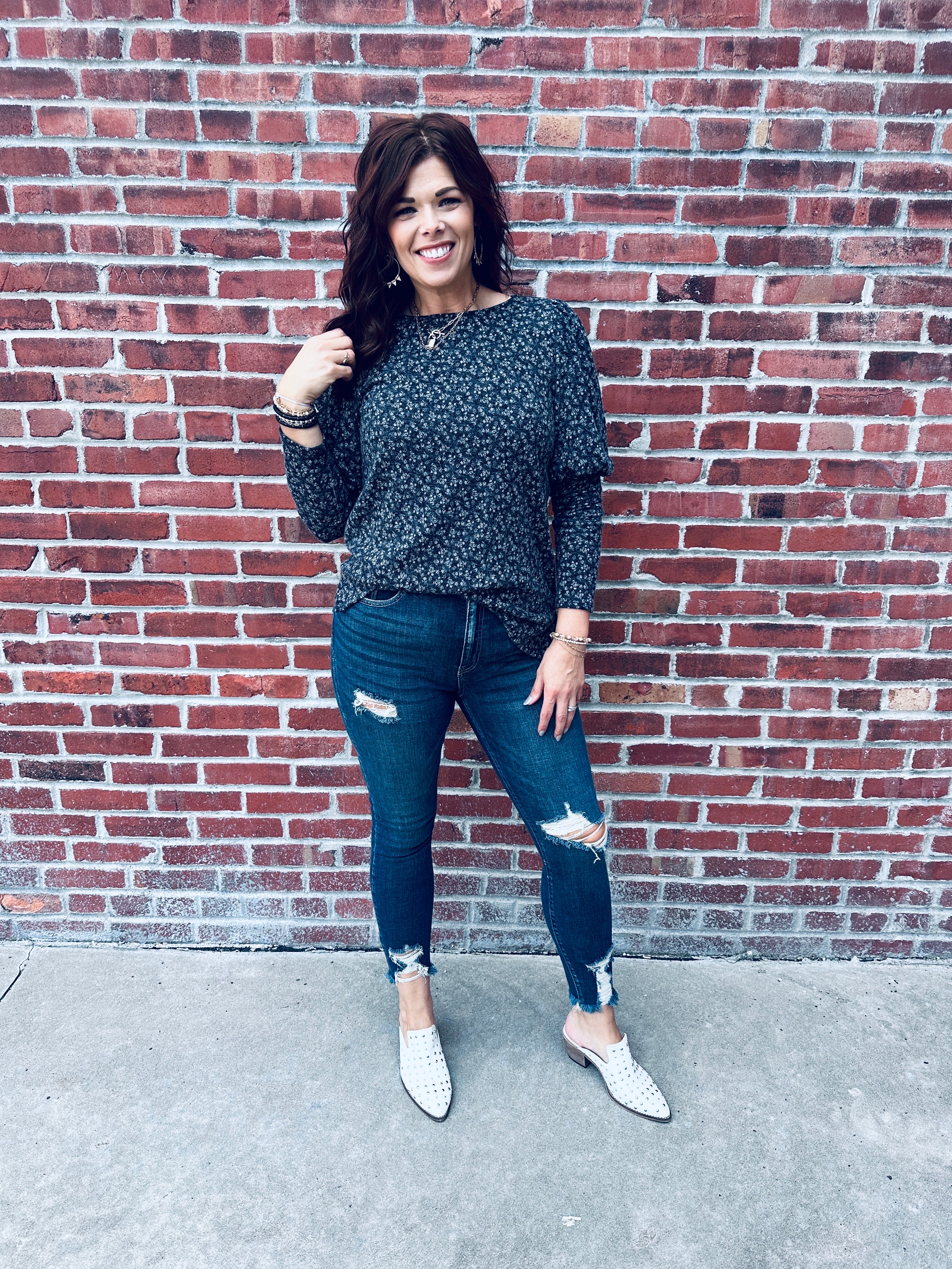Navy Floral Knit Top