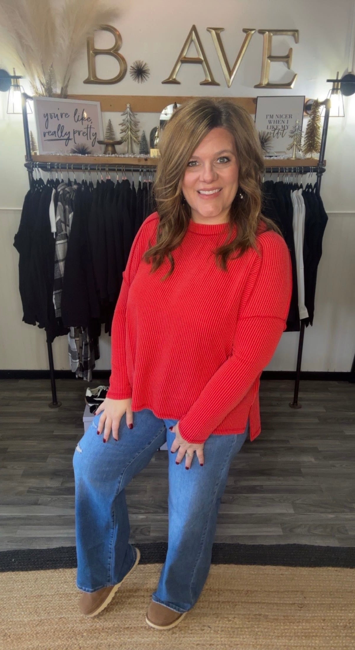 Raised Rib Raw Edge Long Sleeve Top