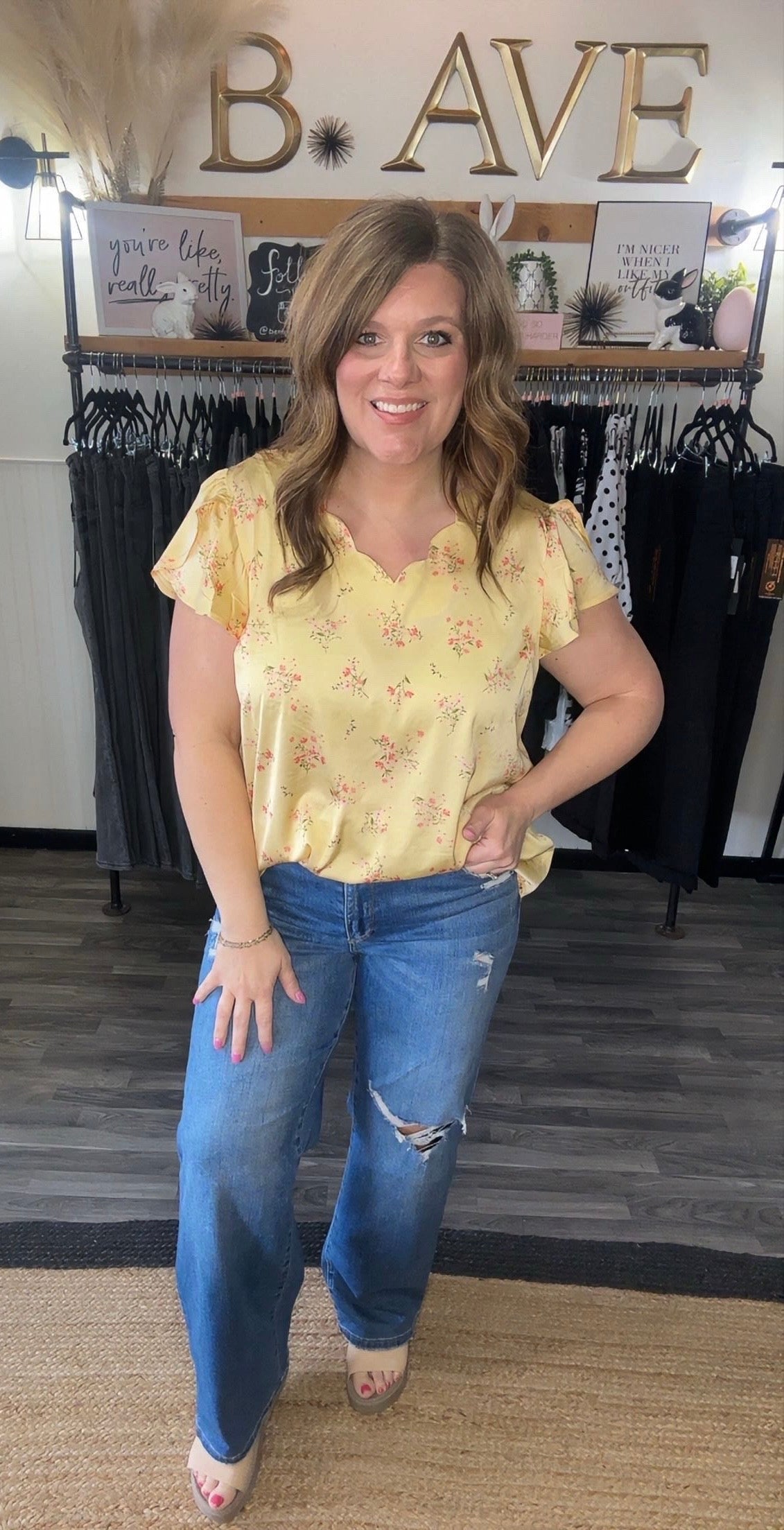 Floral Scallop Neck Satin Blouse