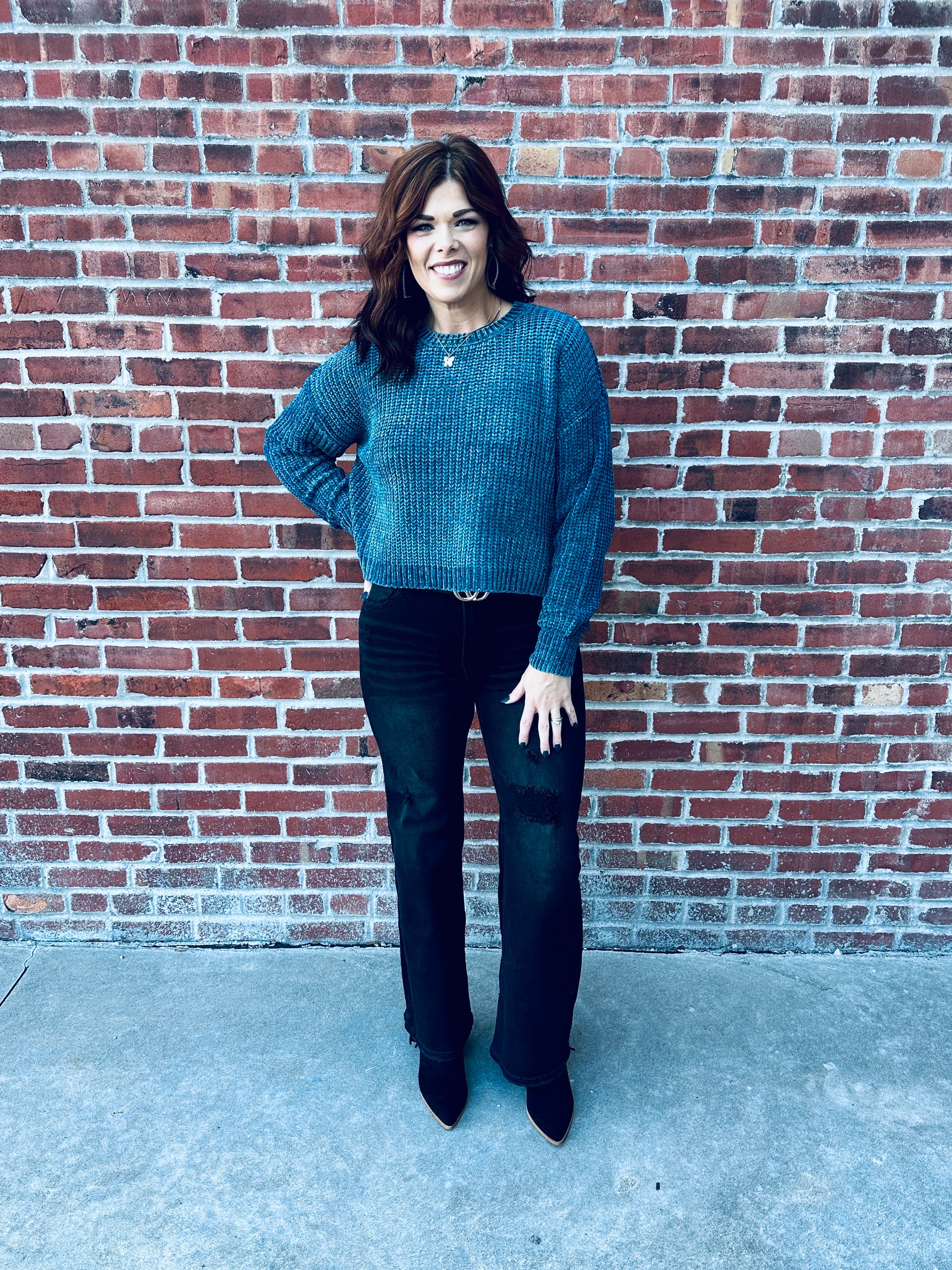 Teal Chenille Round Neck Sweater