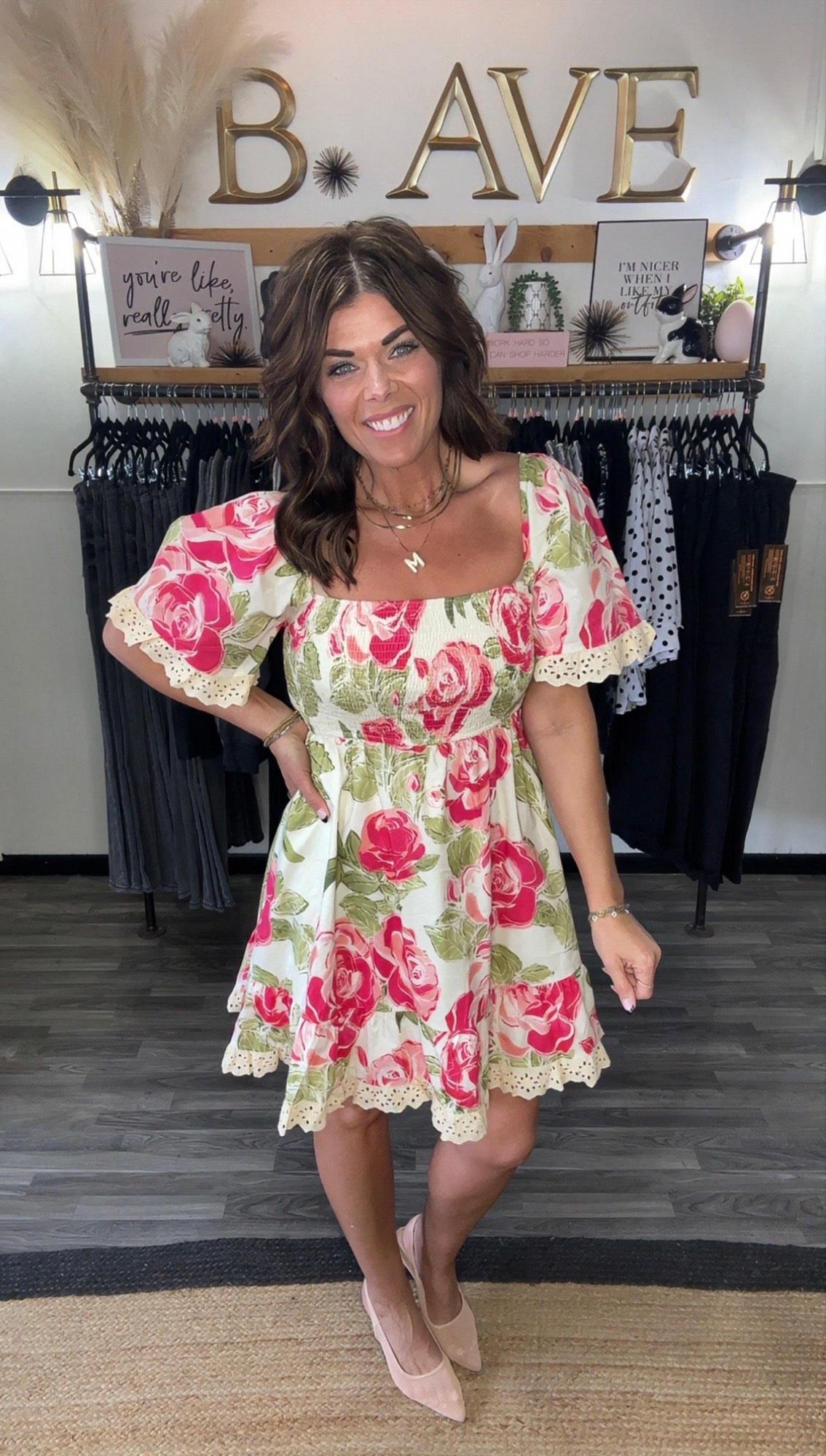 Bright Pink Floral Print Smocked & Eyelet Ruffle Dress