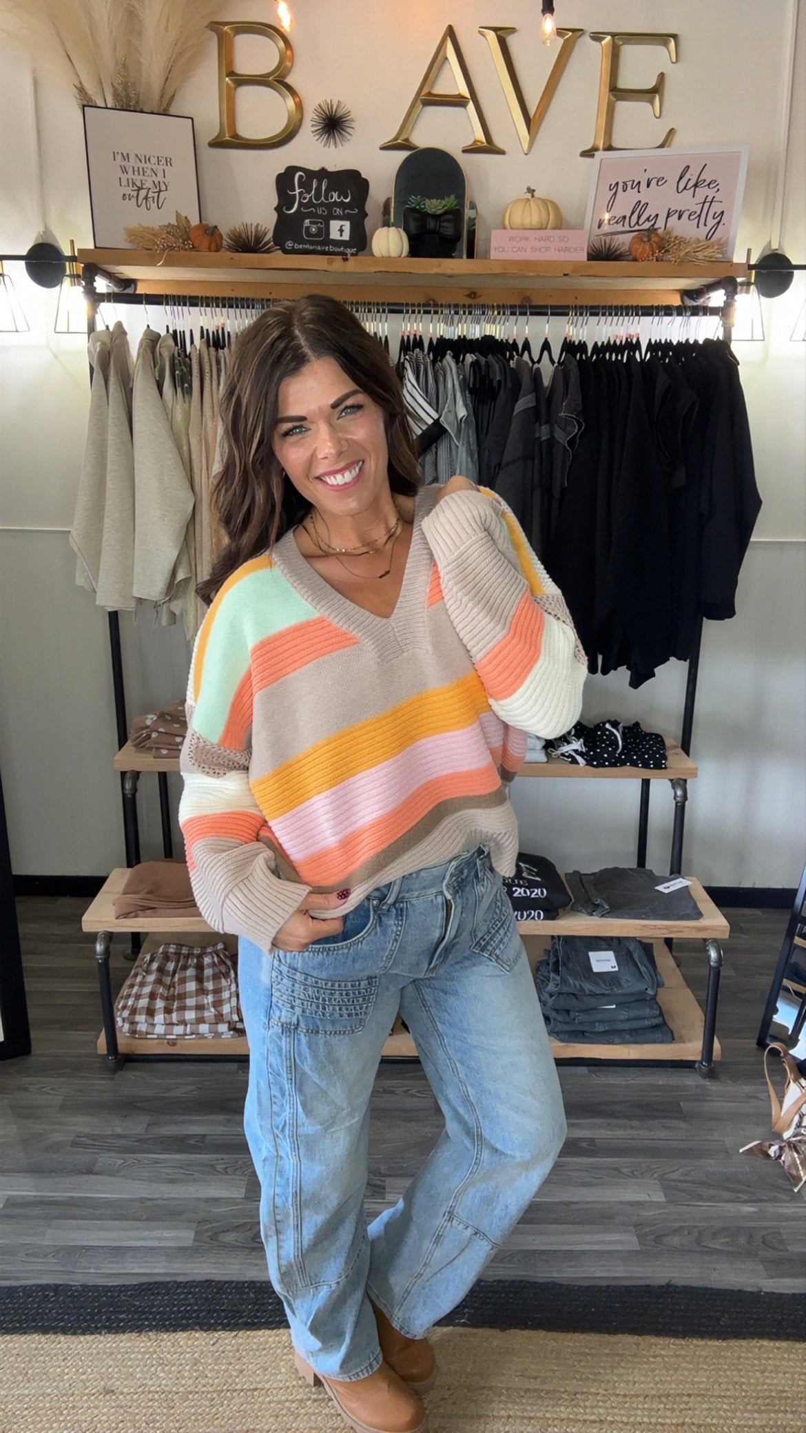 Mocha Stripe Color Combo V-Neck Sweater