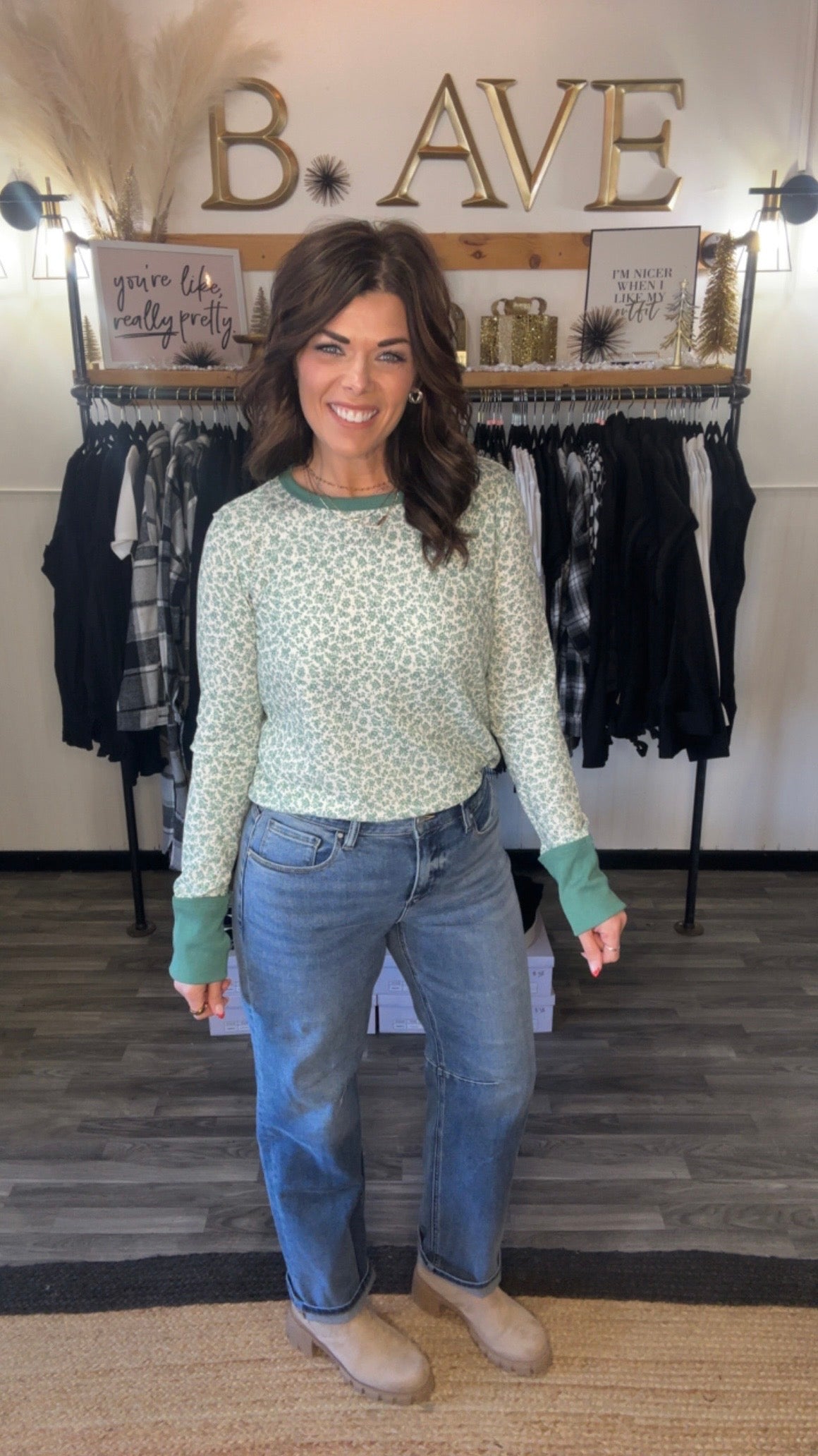Green & Ivory Textured Floral Waffle Long Sleeve Top