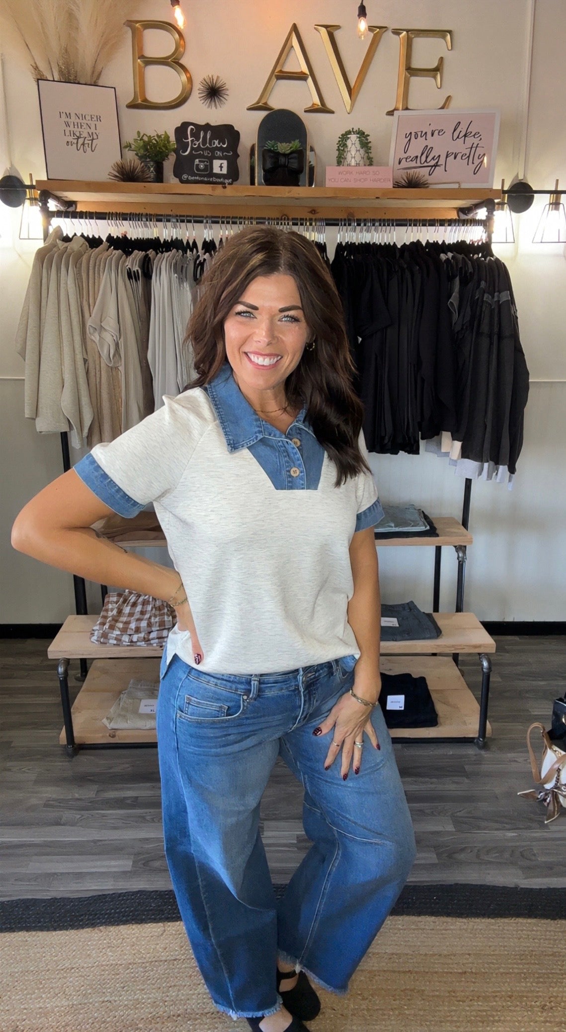Light Grey & Denim Short Sleeve Top