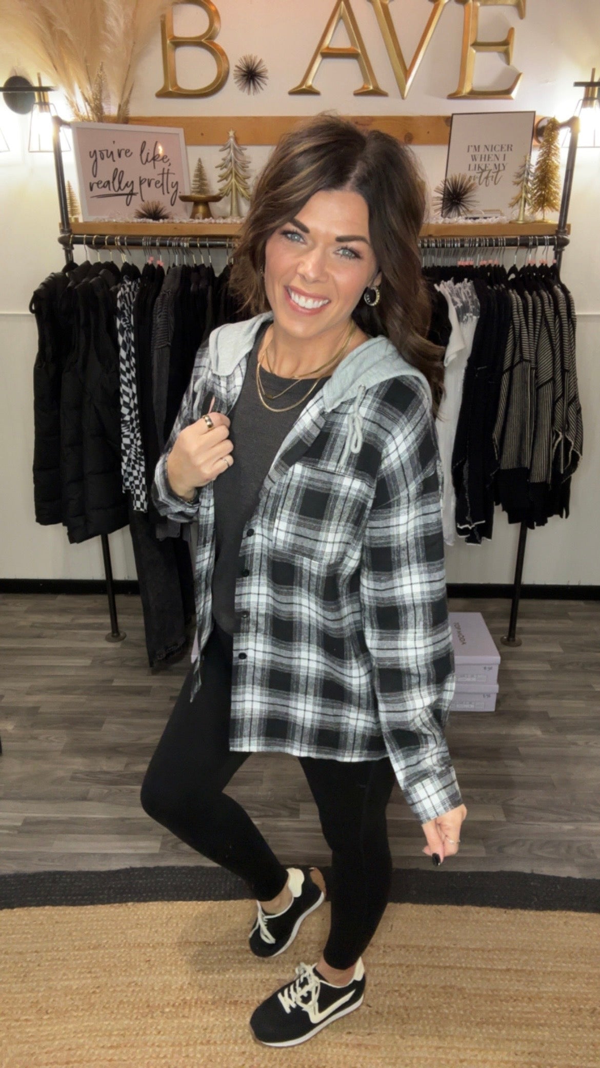 Black Plaid Button-Down Hooded Shirt