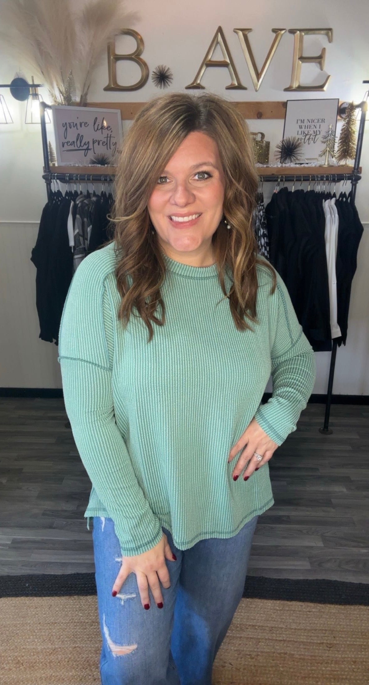 Raised Rib Raw Edge Long Sleeve Top