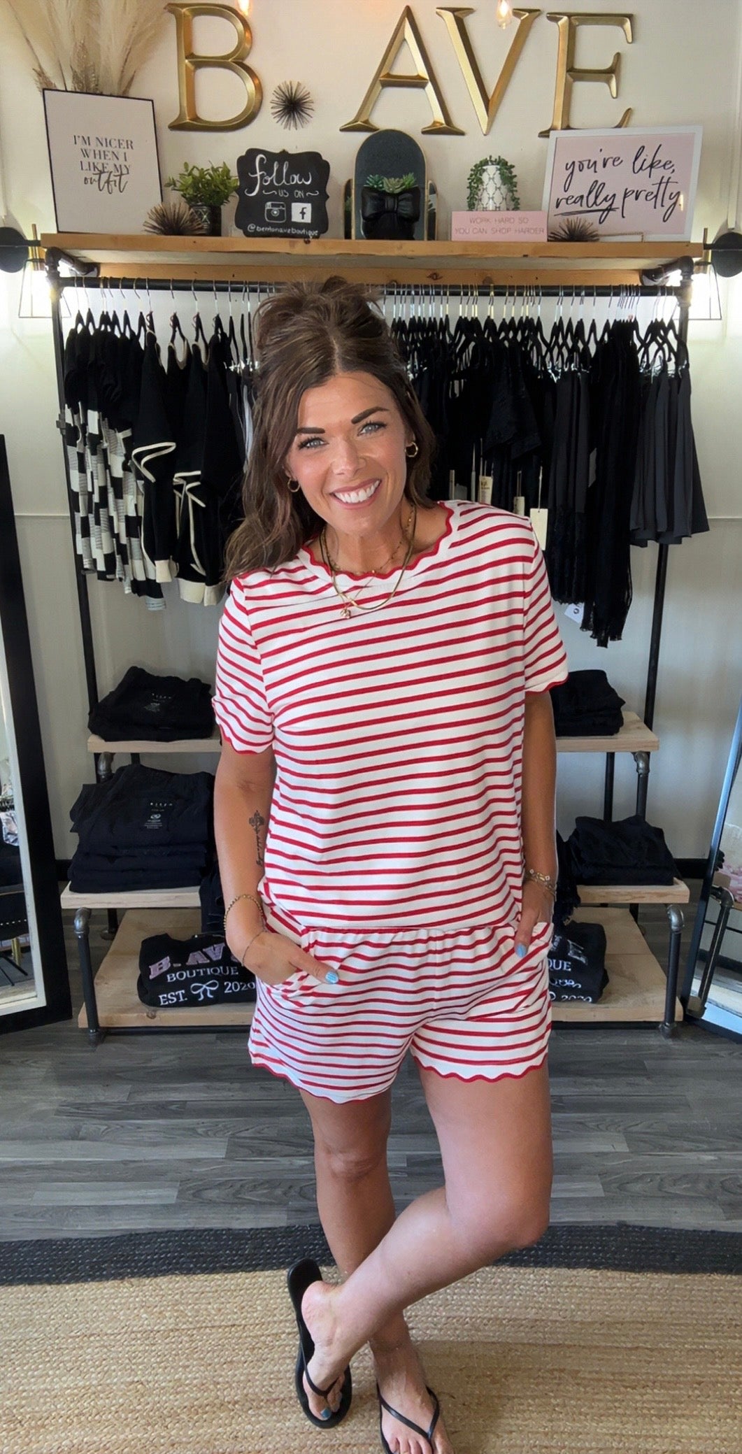 Red Stripe Scallop Hem Tee & Shorts Set