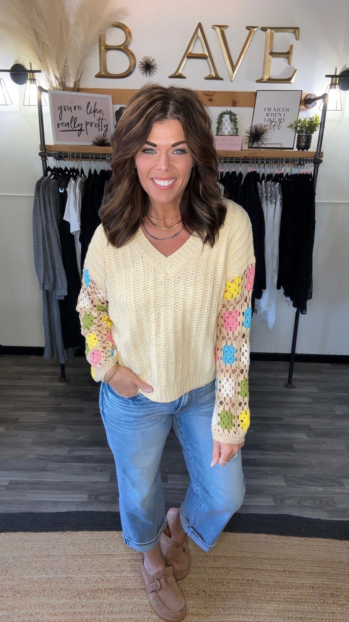 Natural Crochet Sleeve Lightweight Sweater