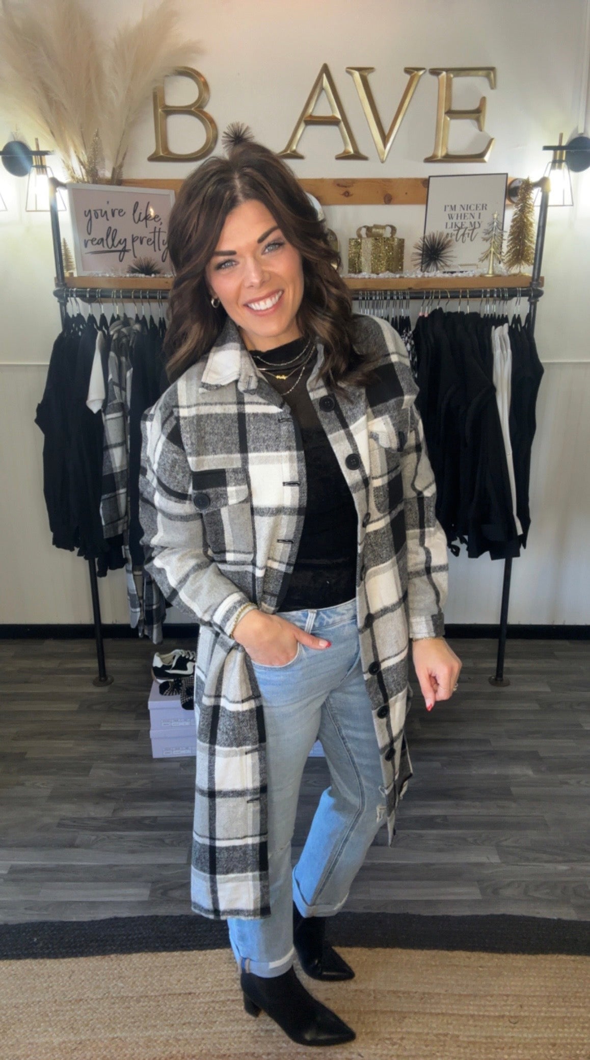 Long Gray Plaid Shacket