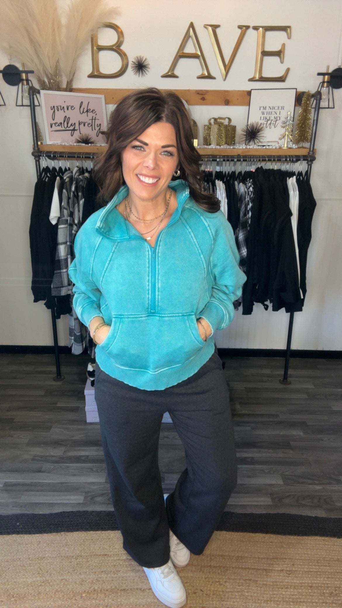 Light Teal Acid Wash Half Zip Kangaroo Pocket Pullover