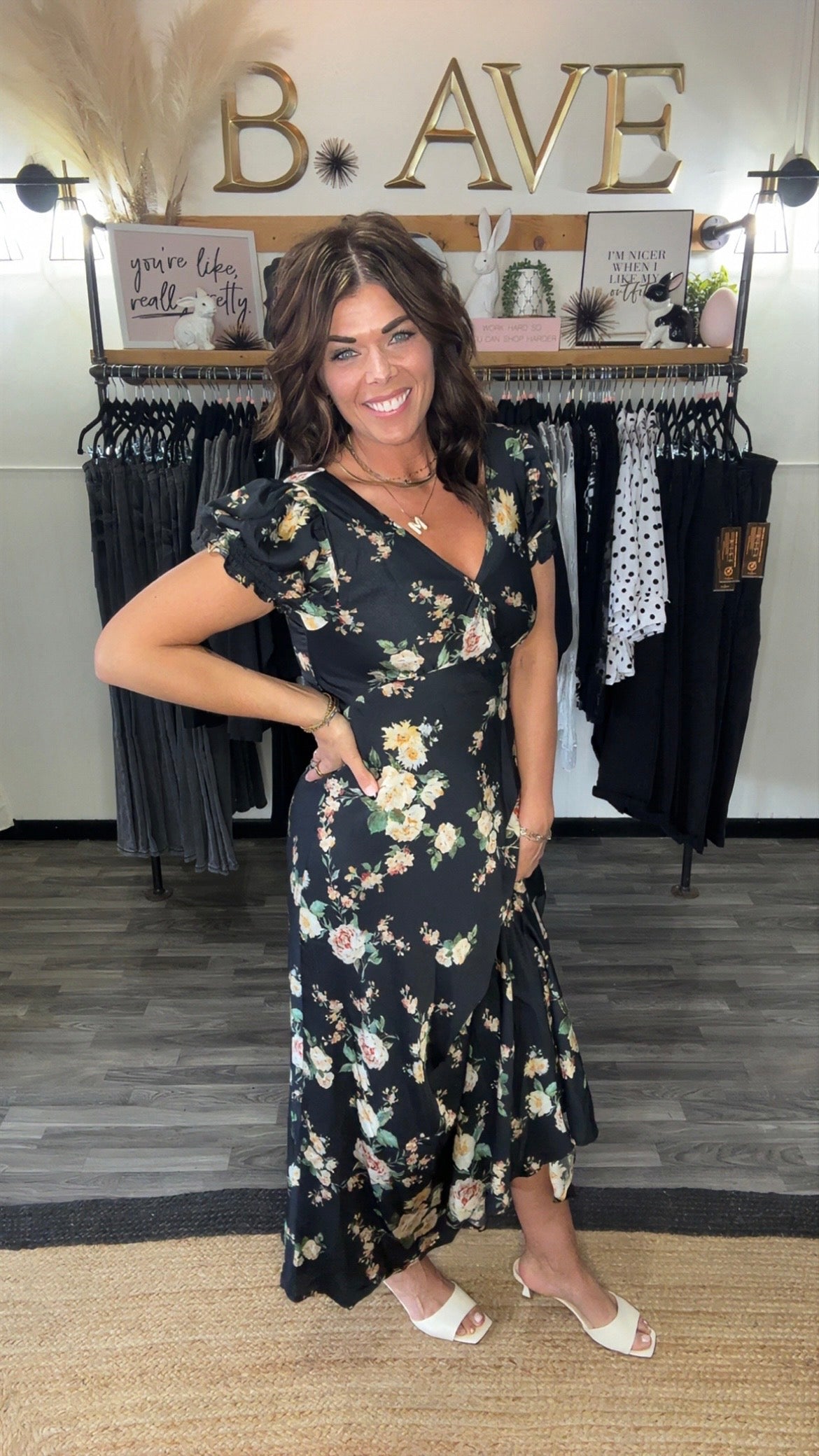 Black Satin Floral Print Maxi Dress