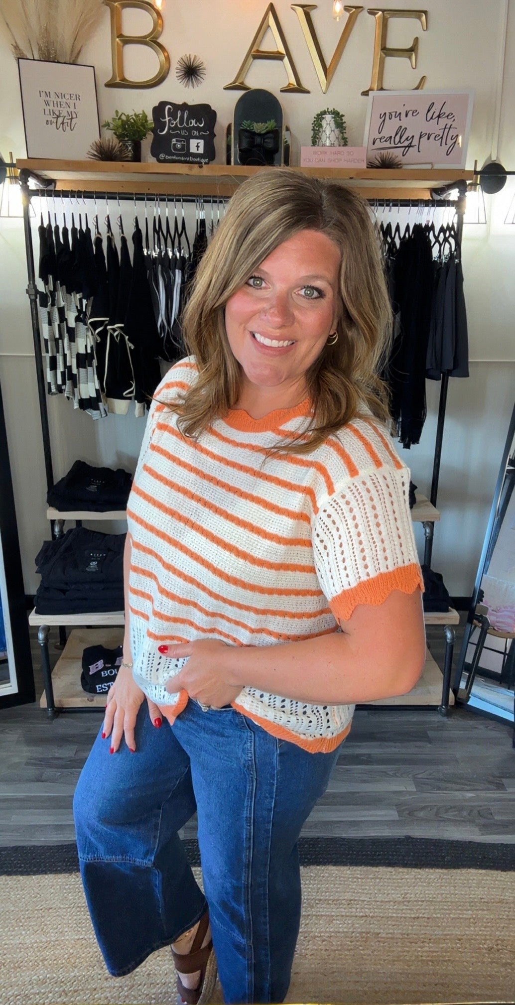Ivory & Orange Textured Knit Scalloped Top