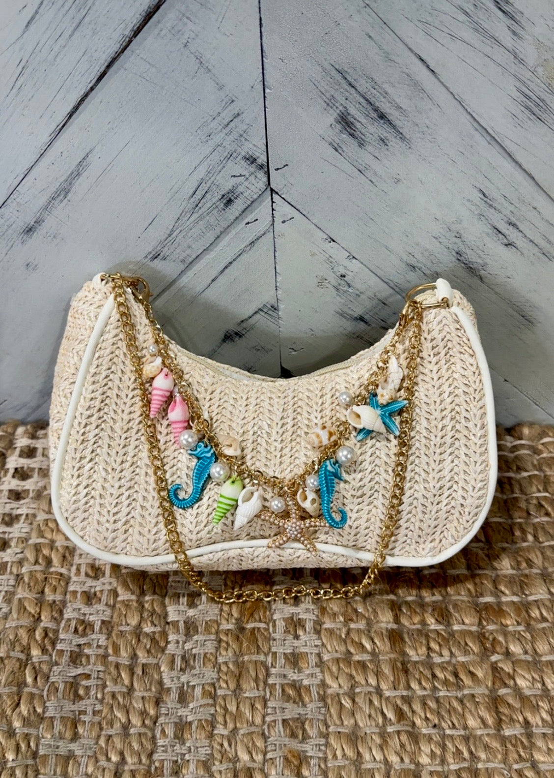 Boho Woven Shell Charm Chain Coastal Purse