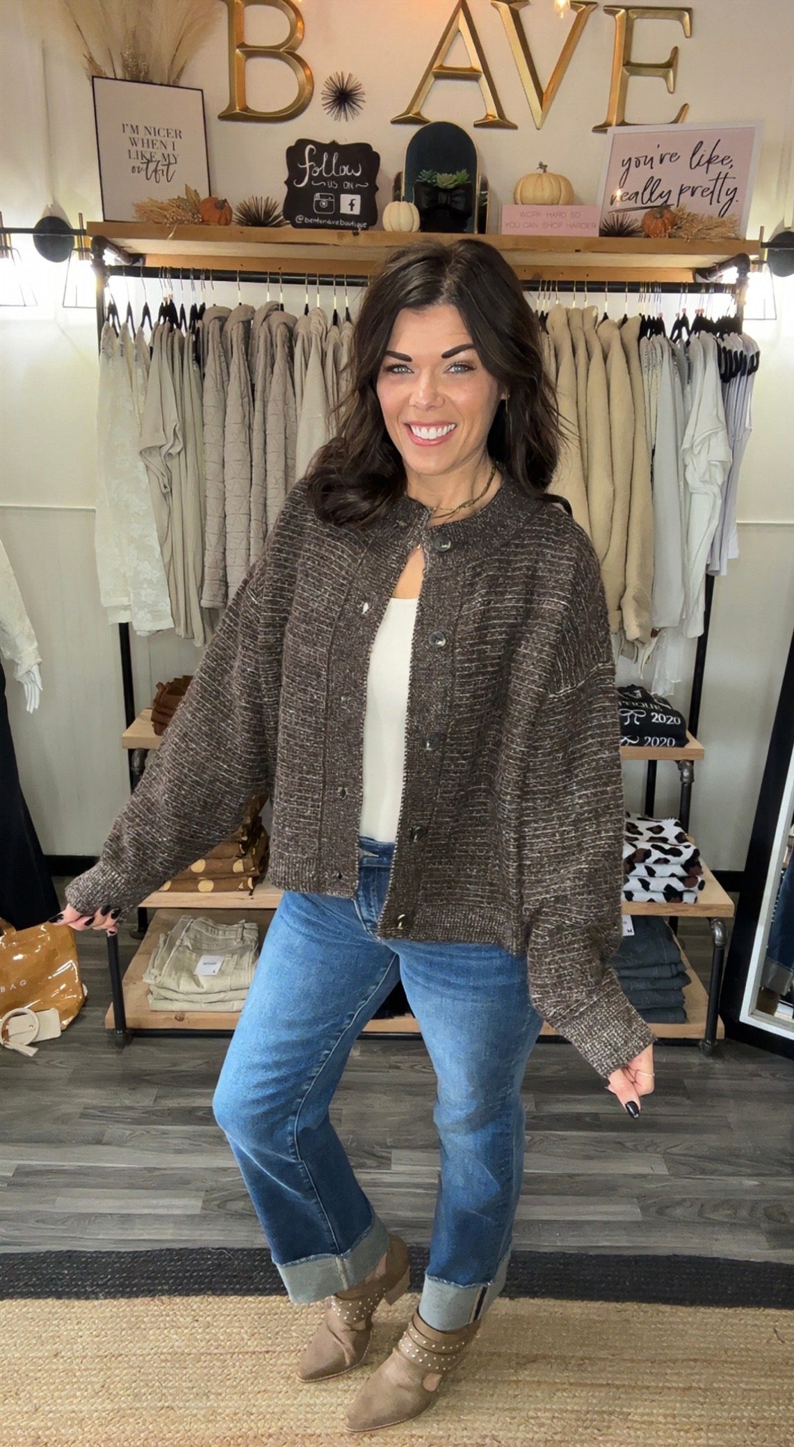 Brown Marled Ribbed Trim Button Cardigan