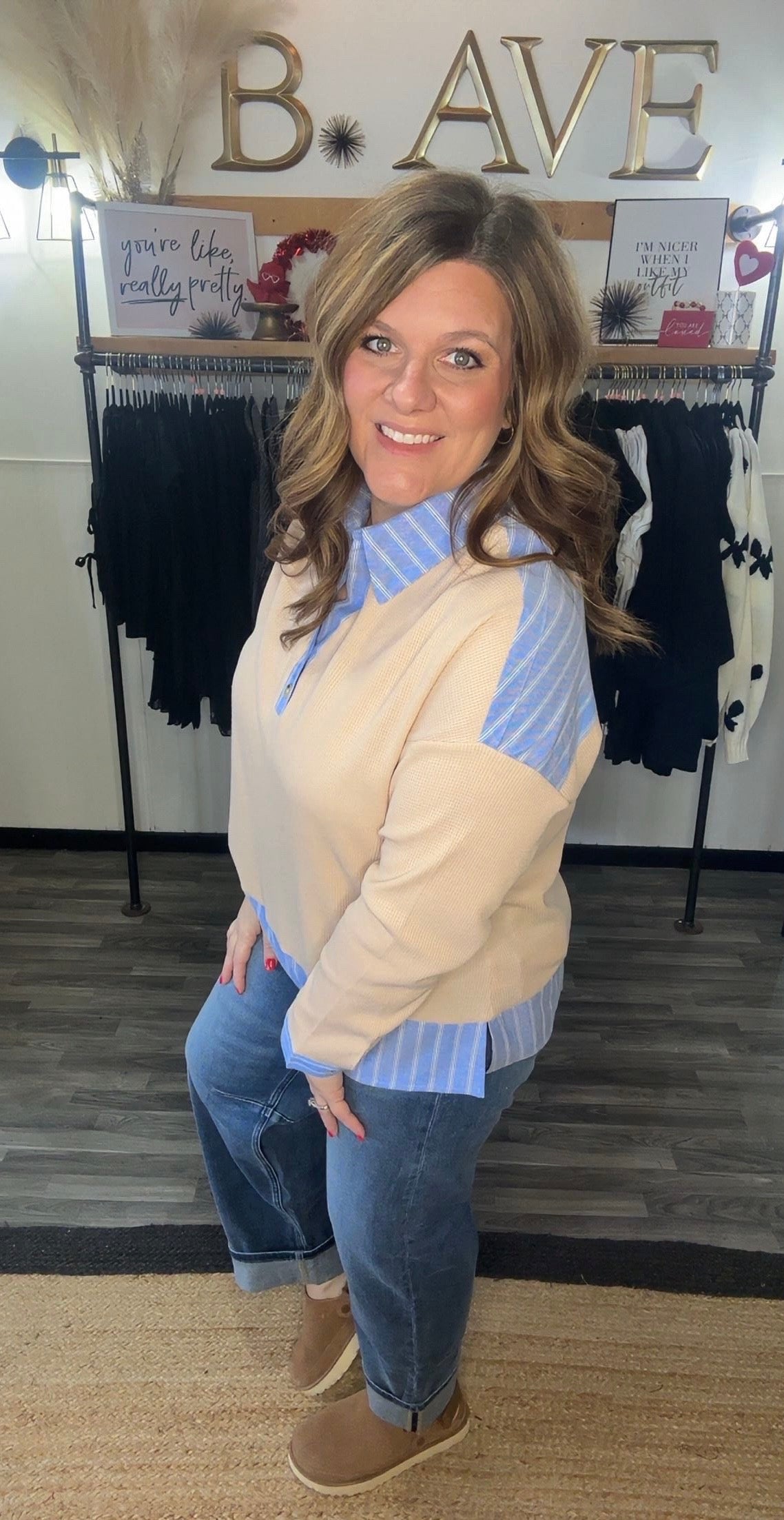 Beige & Blue Striped Waffle Knit Collared Top