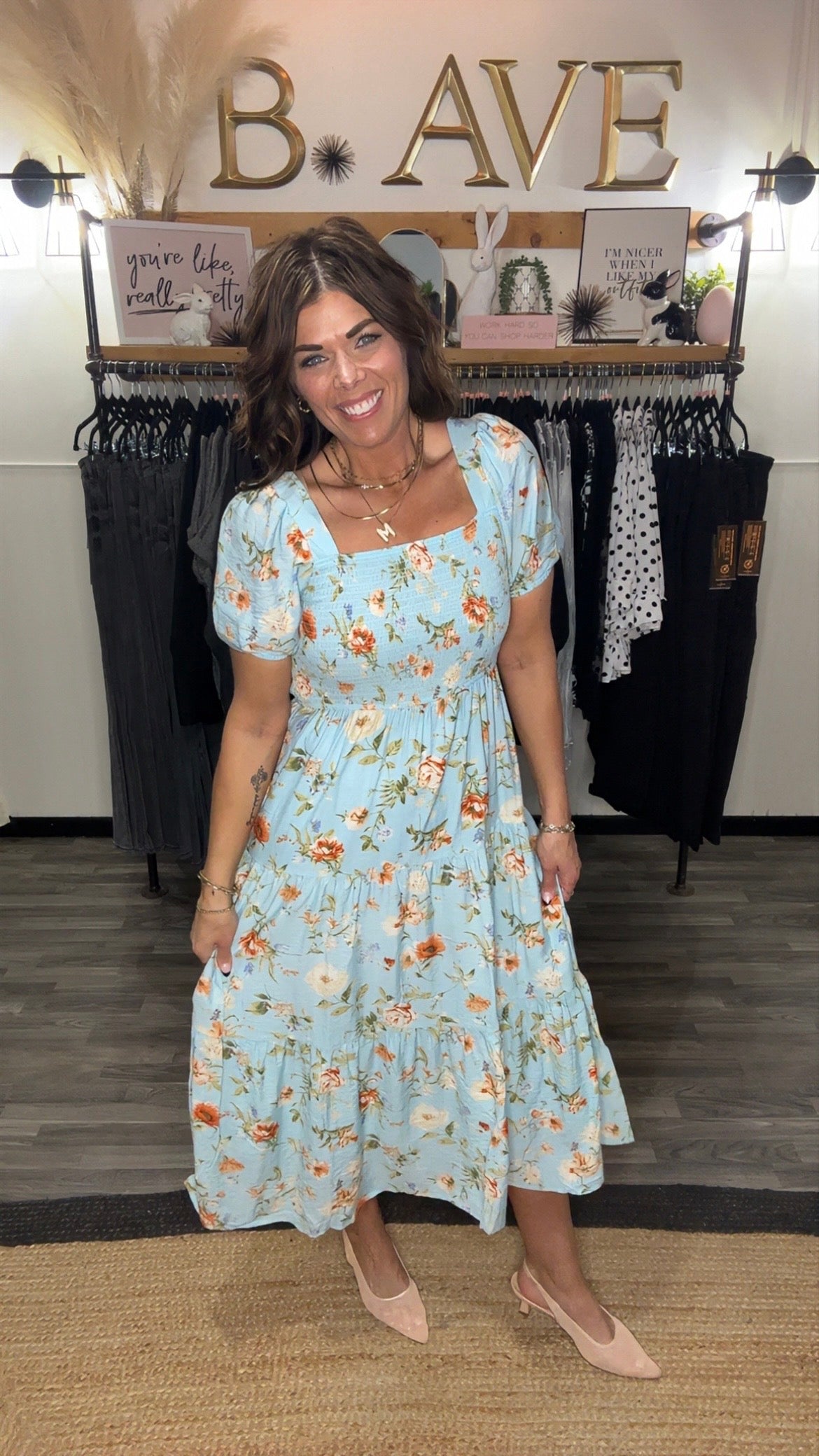 Powder Blue Floral Smocked Dress