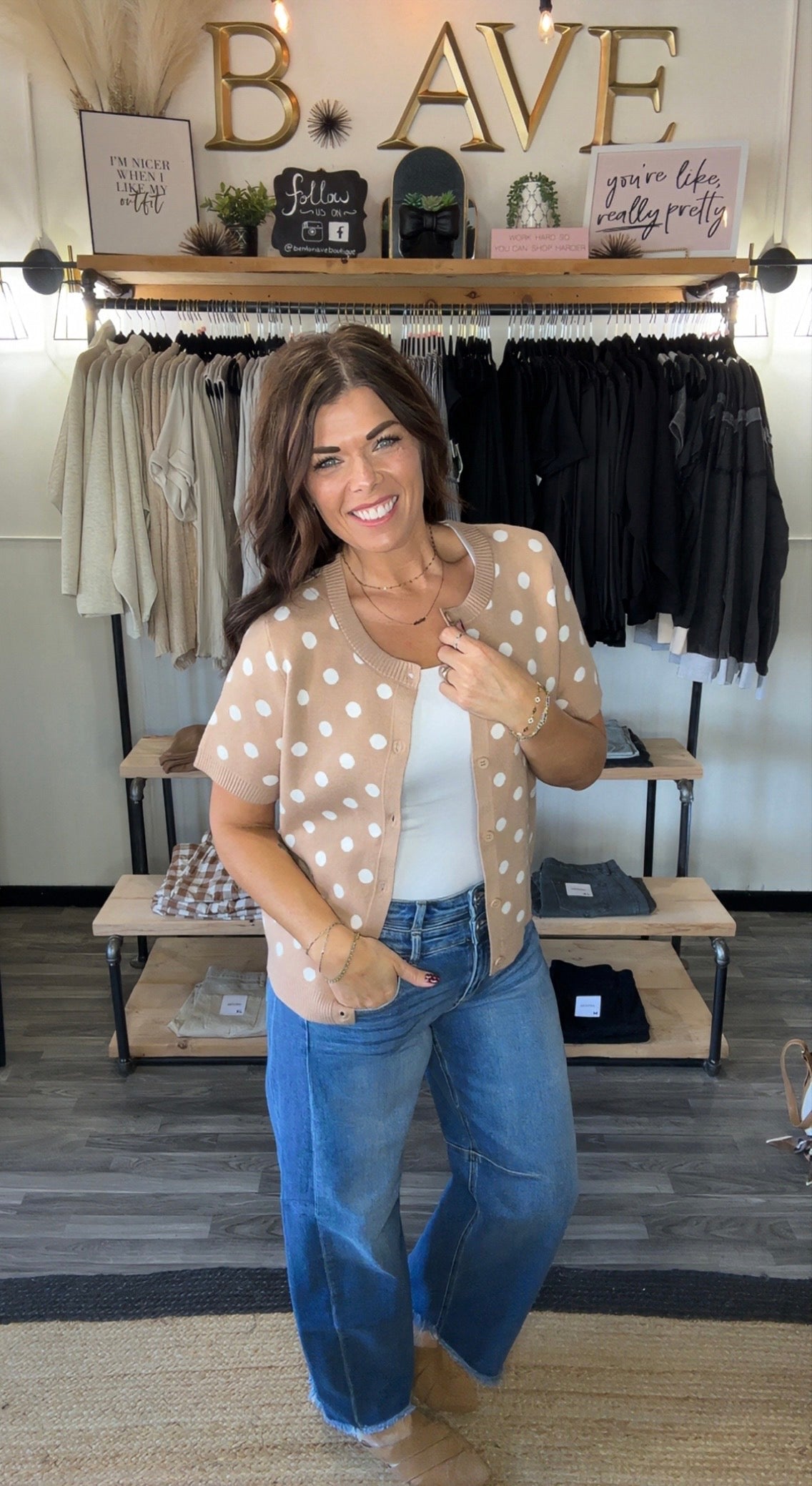 Khaki Polka Dot Short Sleeve Cardigan