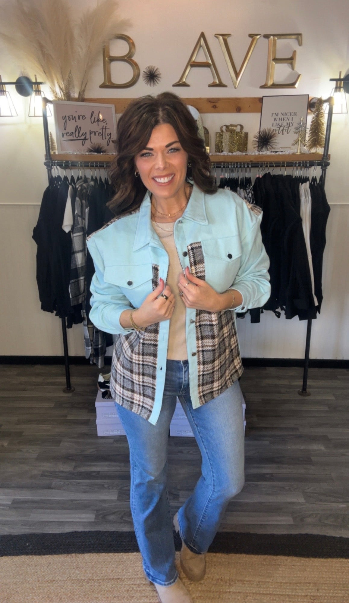 Sky Blue Denim & Plaid Shacket