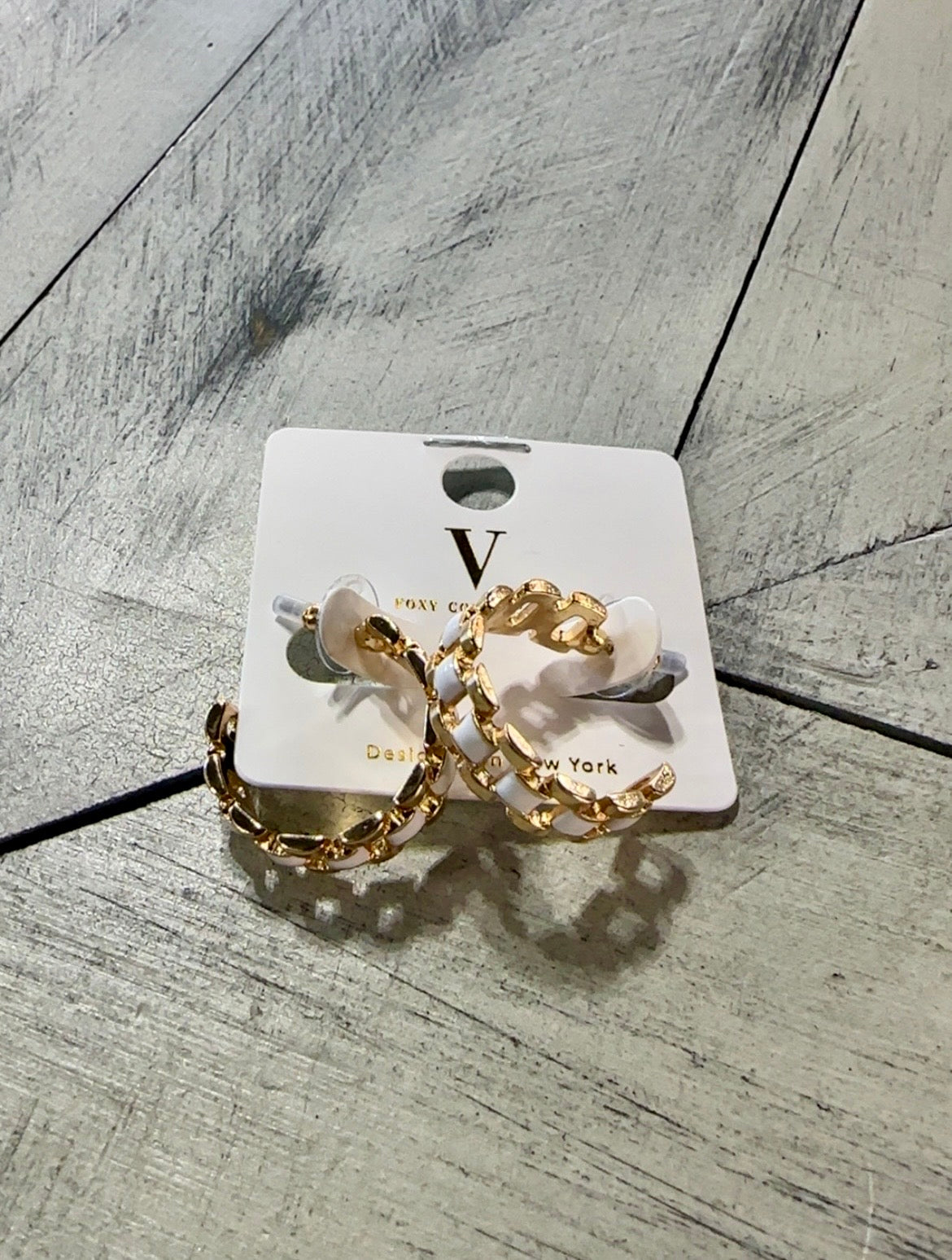 Gold & White Linked Hoop Earrings
