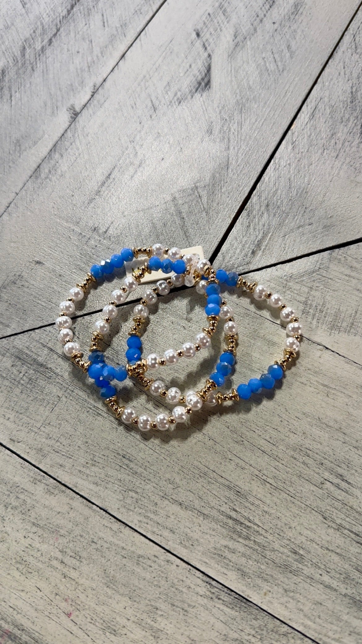 Set of 3 Pearl & Blue Crystal Bead Stretch Bracelets