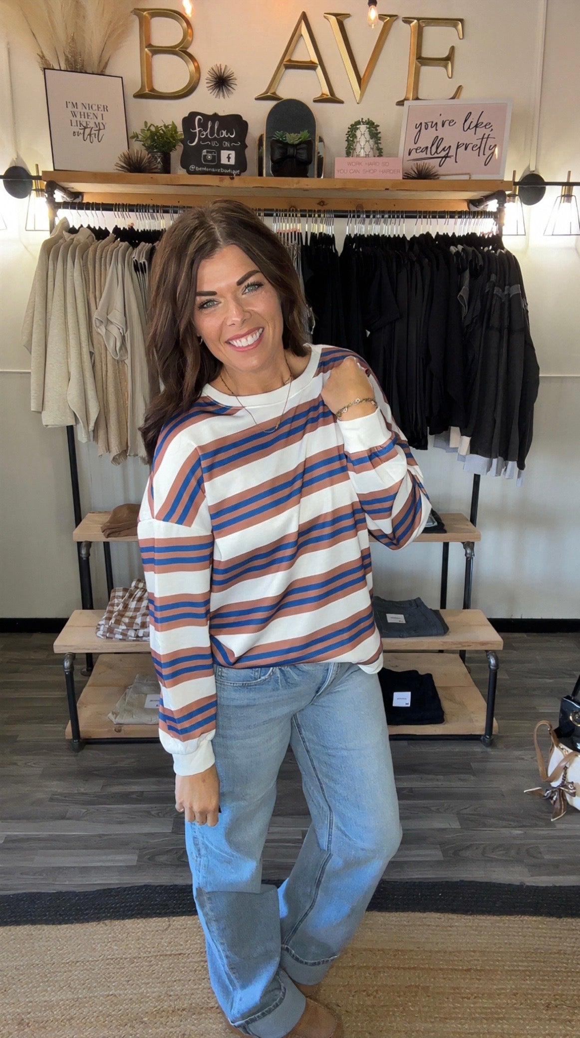 Brown & Navy Stripe Crewneck Pullover