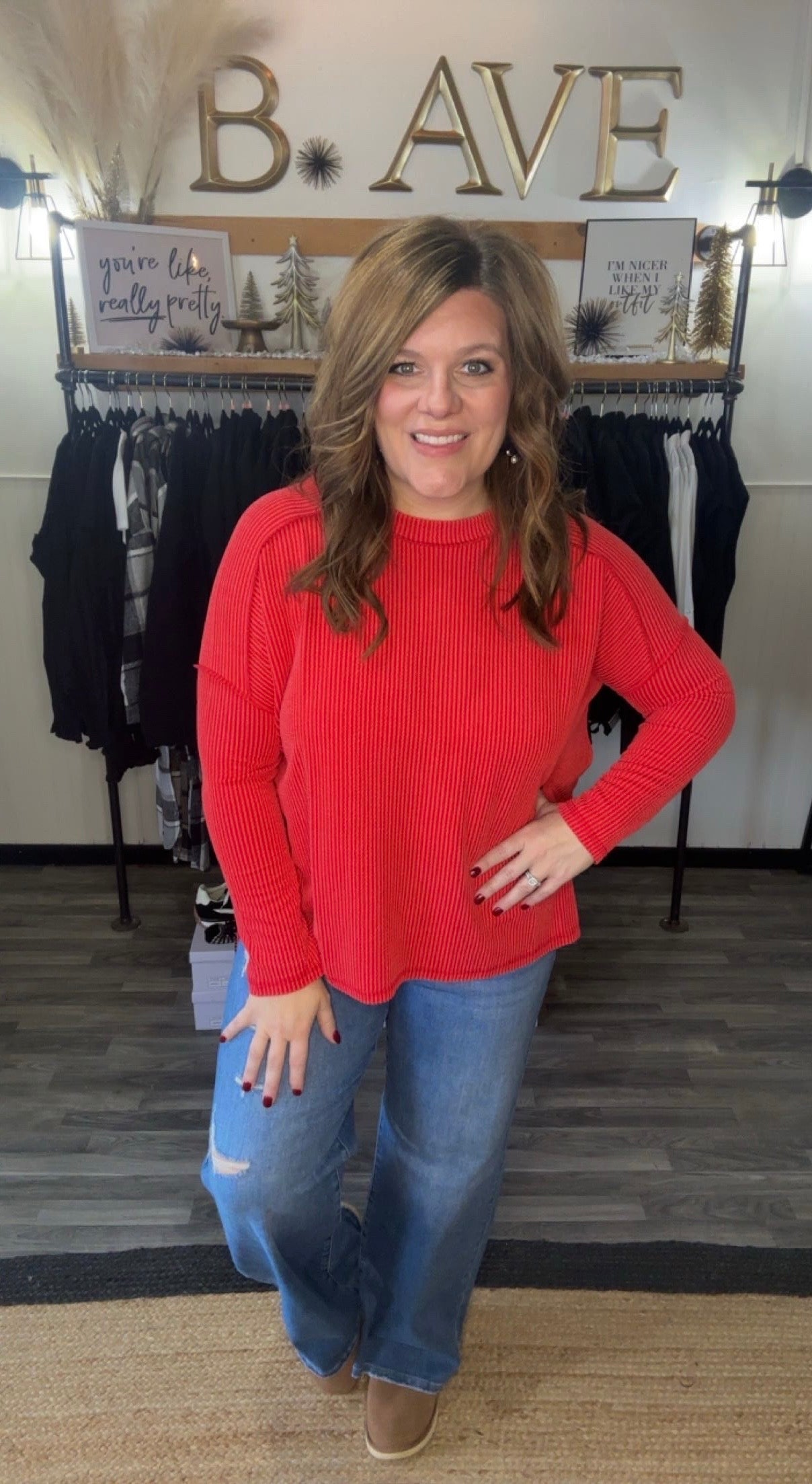 Raised Rib Raw Edge Long Sleeve Top