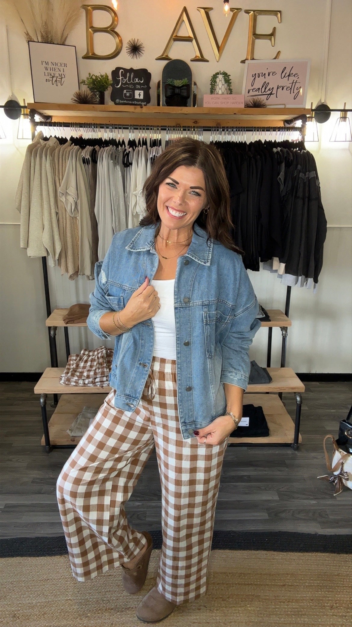 Camel Gingham Tie Waist Pants