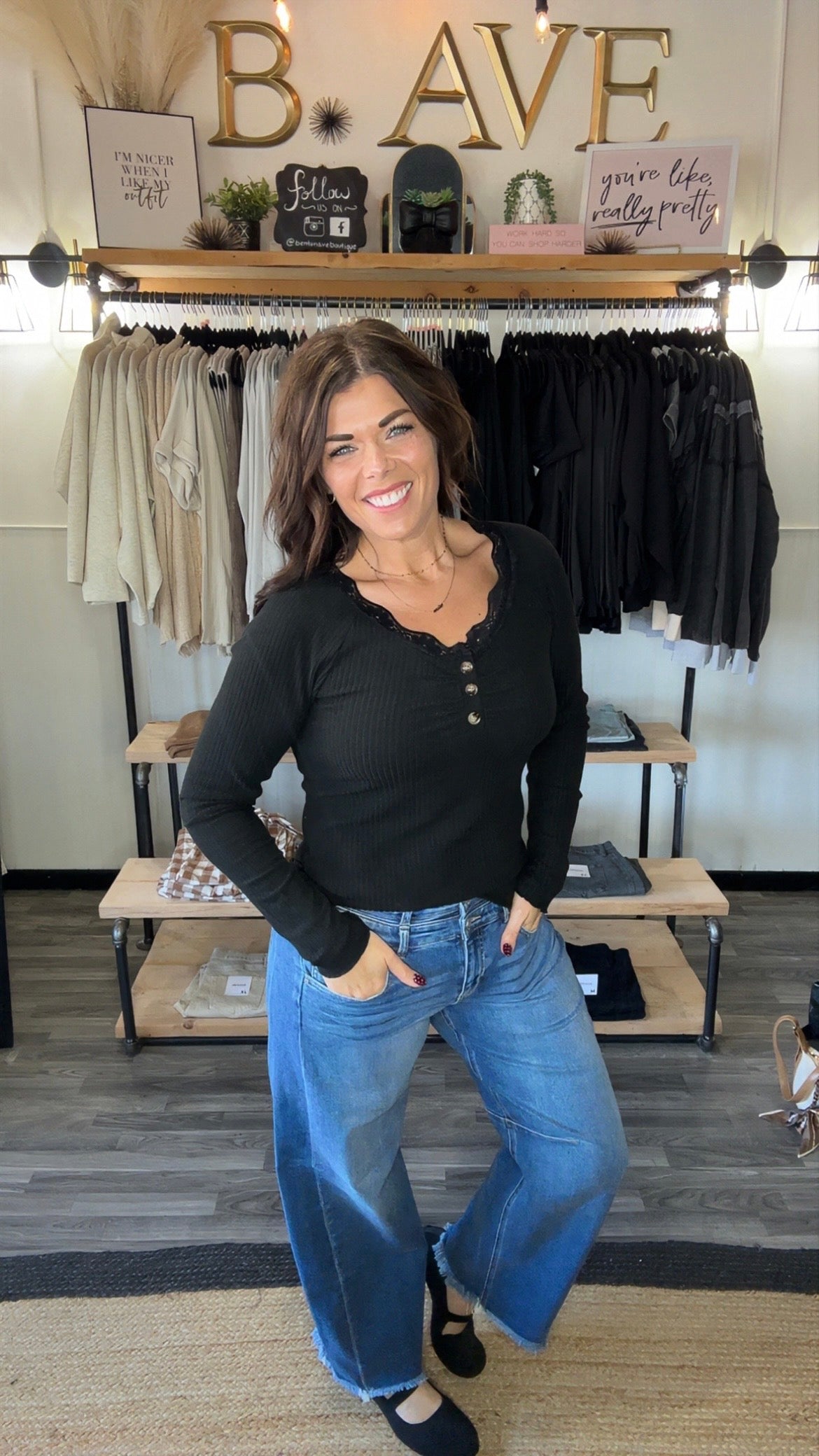 Soft Ribbed Long Sleeve Lace Trim Top