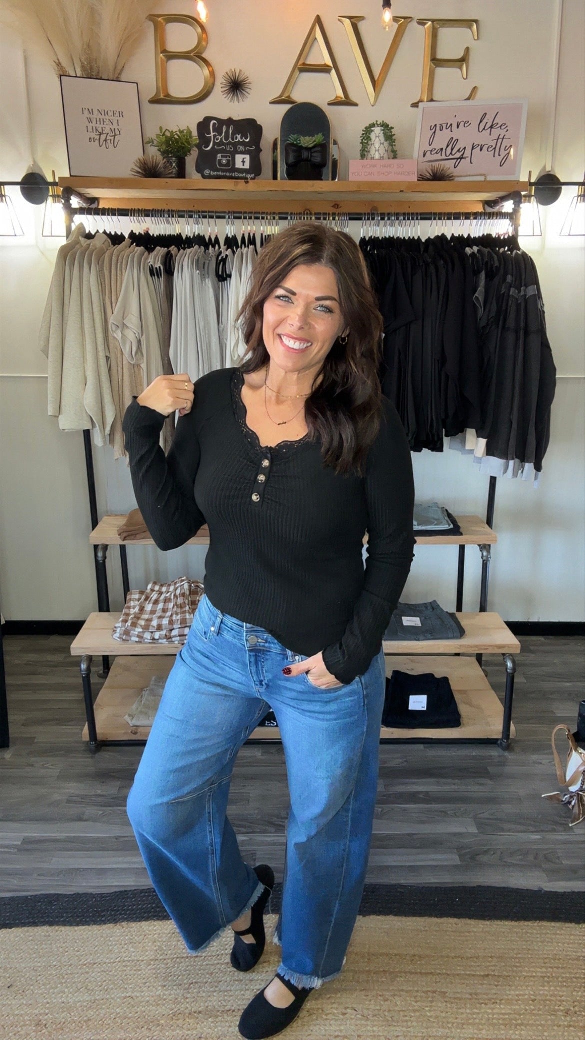 Soft Ribbed Long Sleeve Lace Trim Top