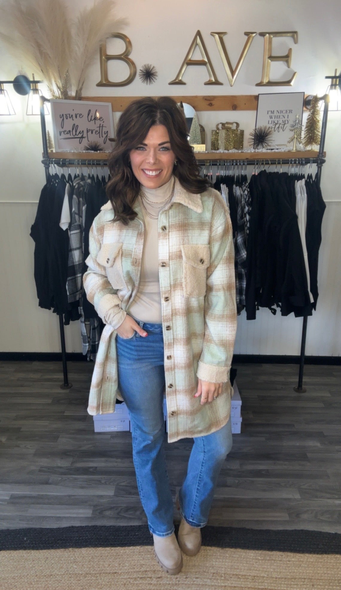 Cream & Mint Plaid Long Soft Flannel Shacket