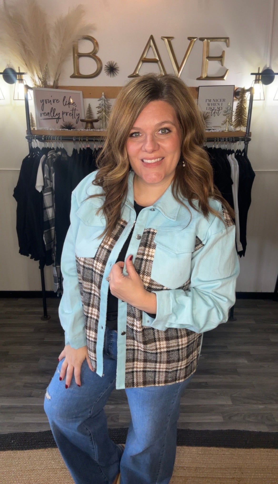 Sky Blue Denim & Plaid Shacket