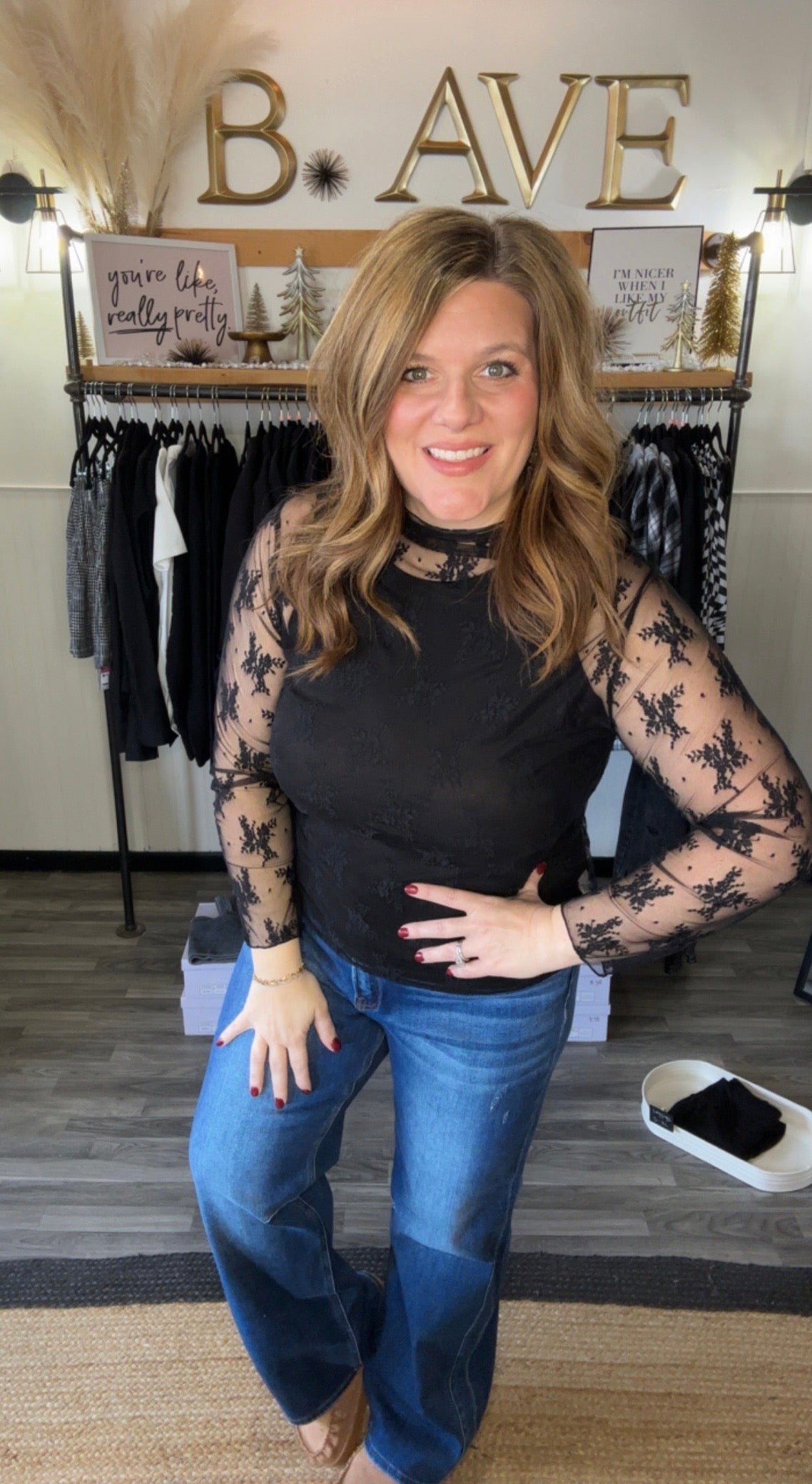Black Lace Long Sleeve Layering Top