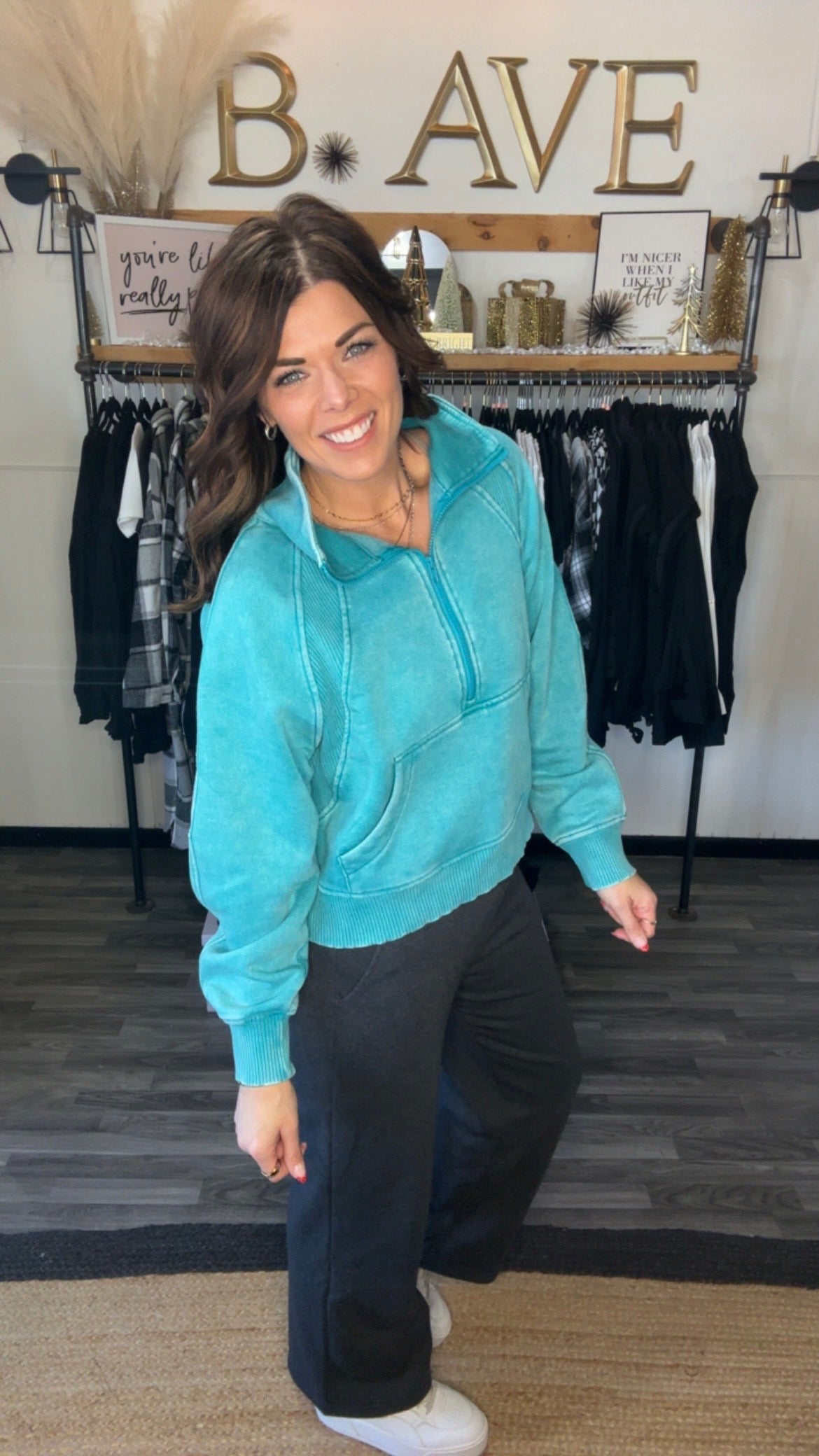 Light Teal Acid Wash Half Zip Kangaroo Pocket Pullover