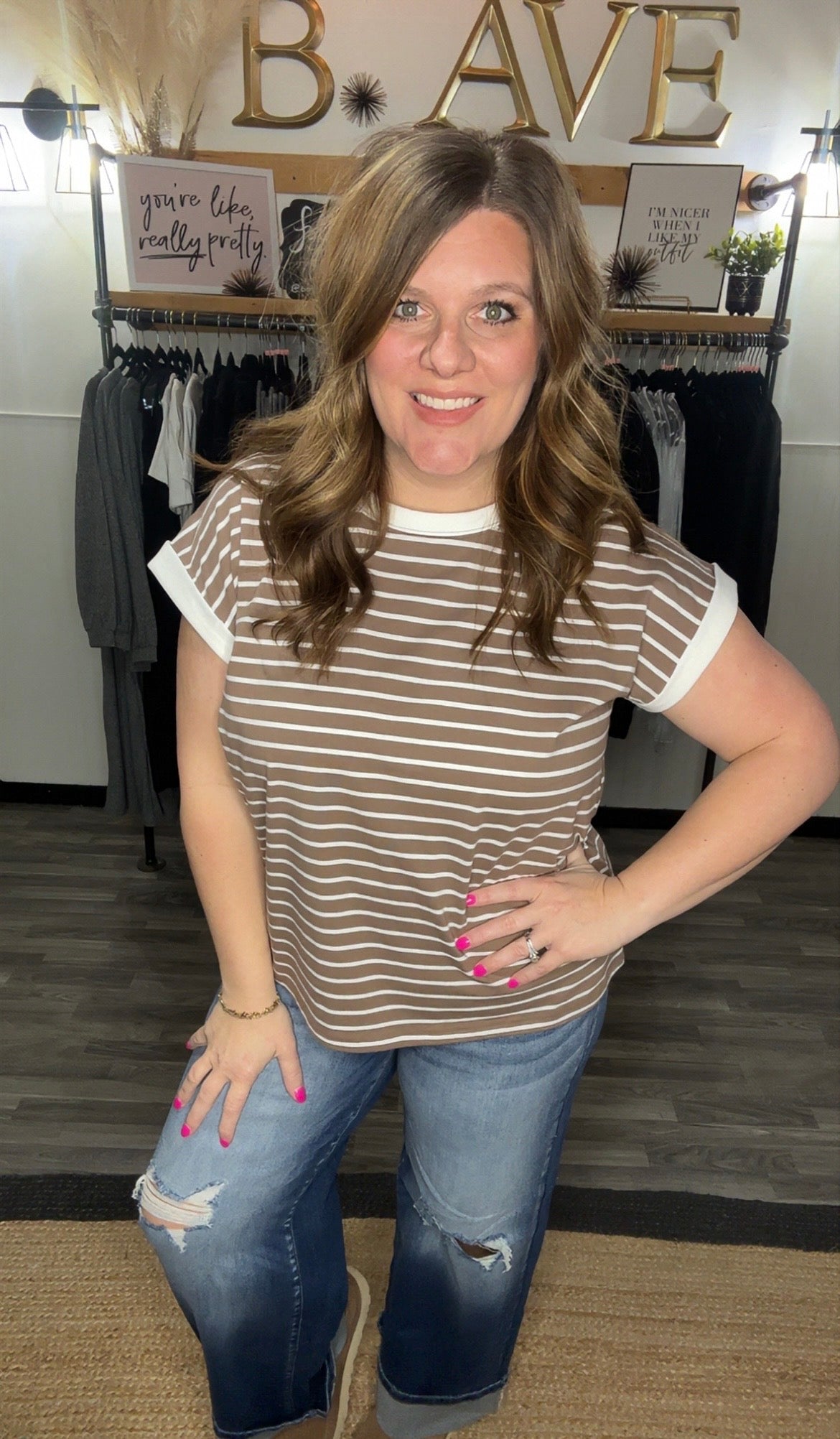 Mocha Cap Sleeve Stripe Tee