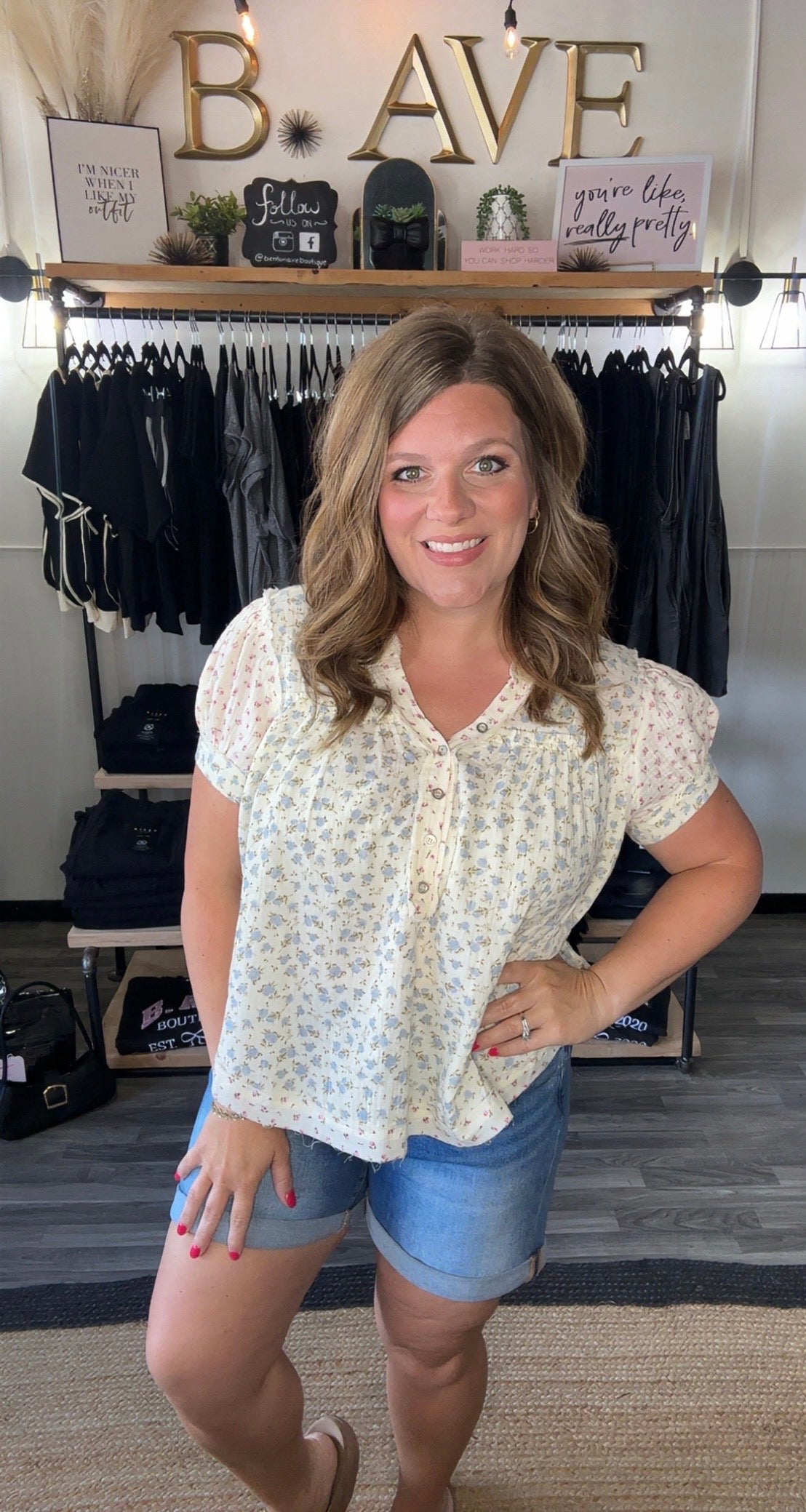 Cream Floral Crinkle V-Neck Top