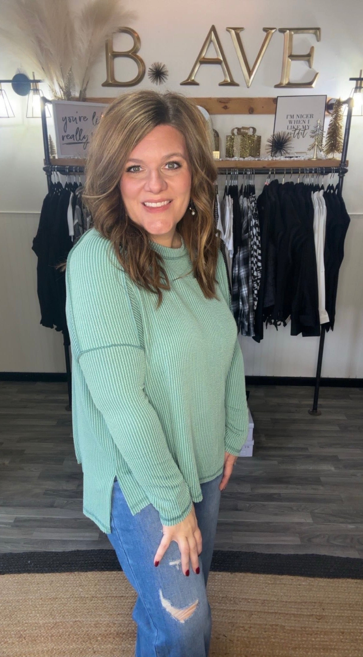 Raised Rib Raw Edge Long Sleeve Top