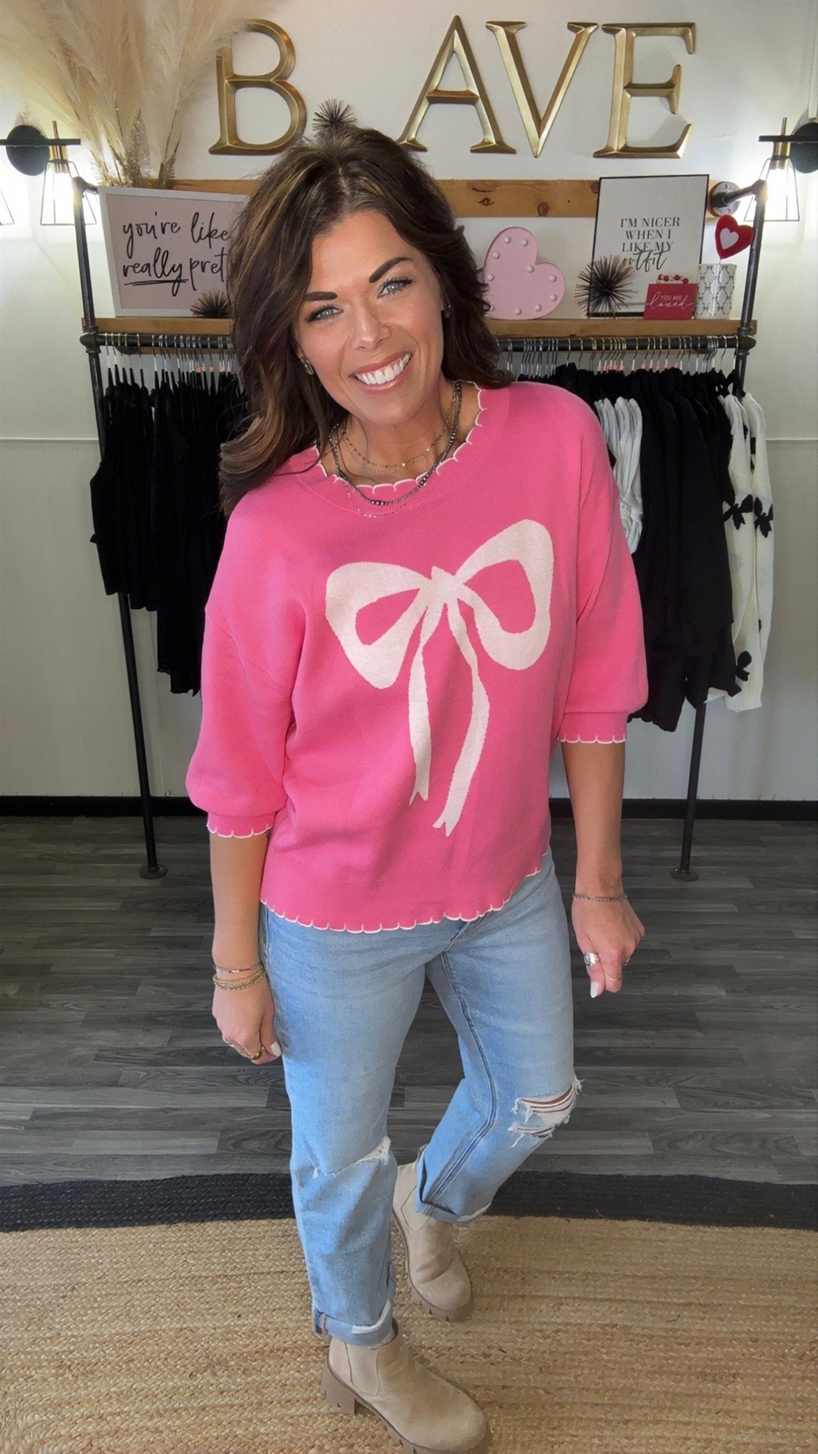 Pink & White Bow Scallop Trim Sweater