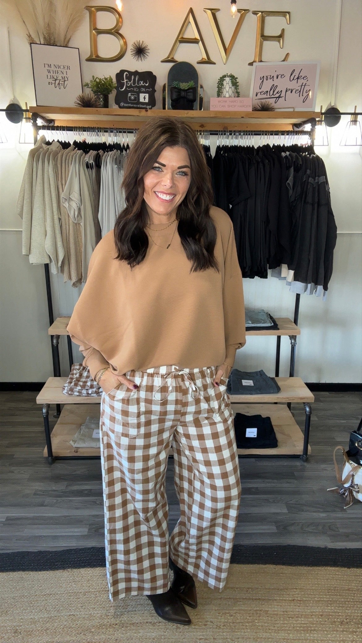 Camel Gingham Tie Waist Pants