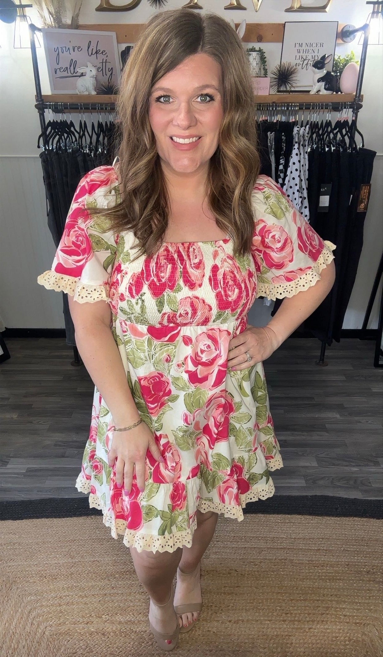 Bright Pink Floral Print Smocked & Eyelet Ruffle Dress