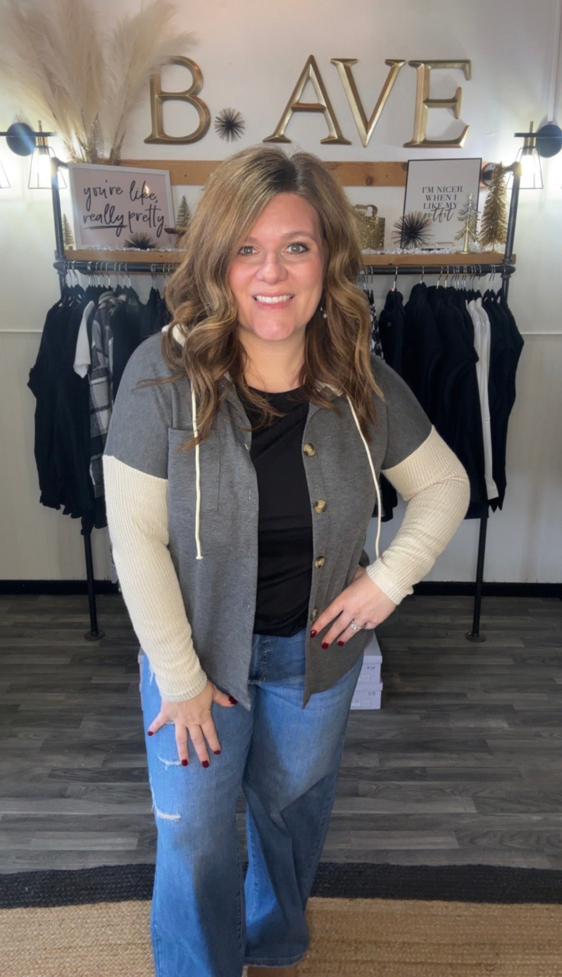 Dark Gray Sweater Sleeve Hooded Shacket