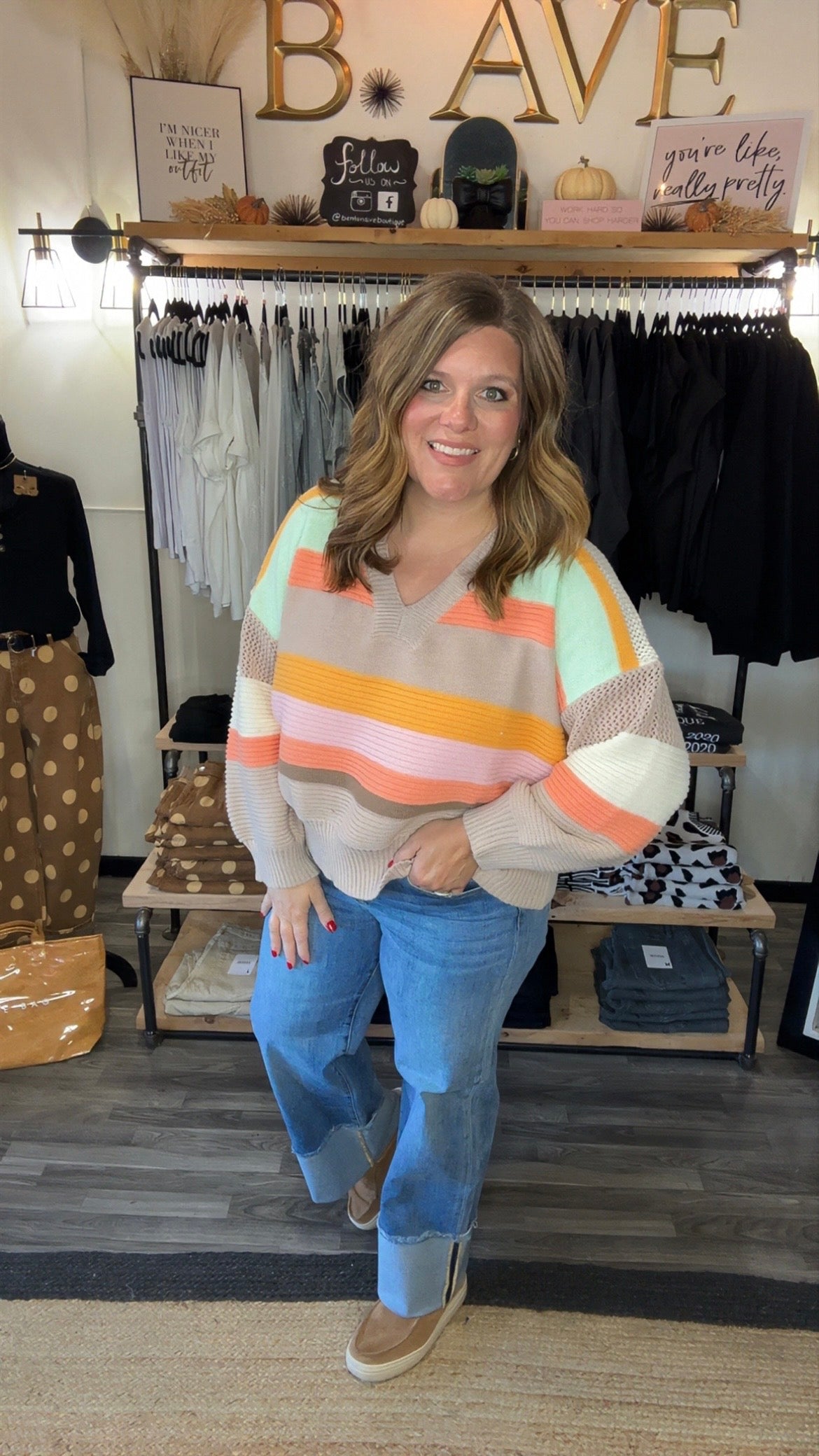Mocha Stripe Color Combo V-Neck Sweater