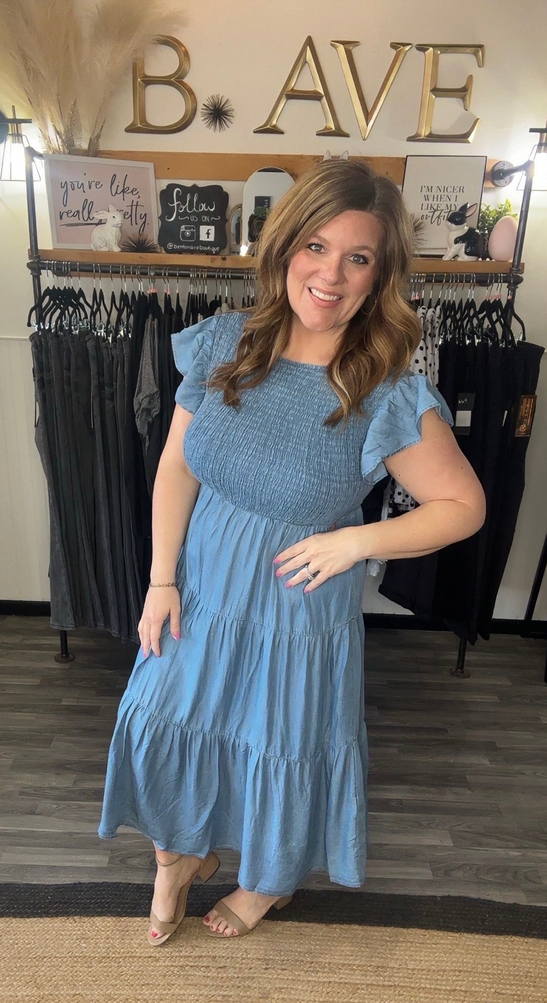Chambray Smocked Tiered Midi Dress