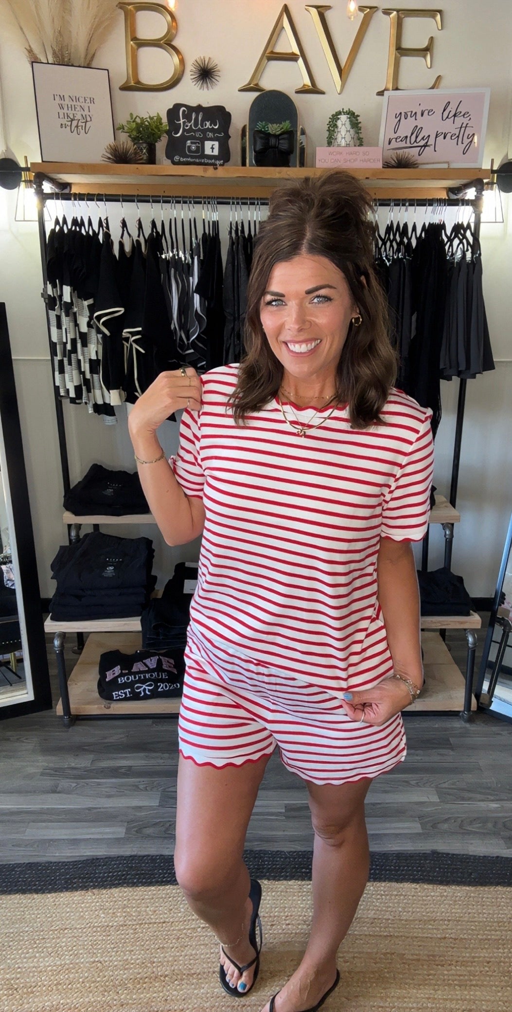 Red Stripe Scallop Hem Tee & Shorts Set