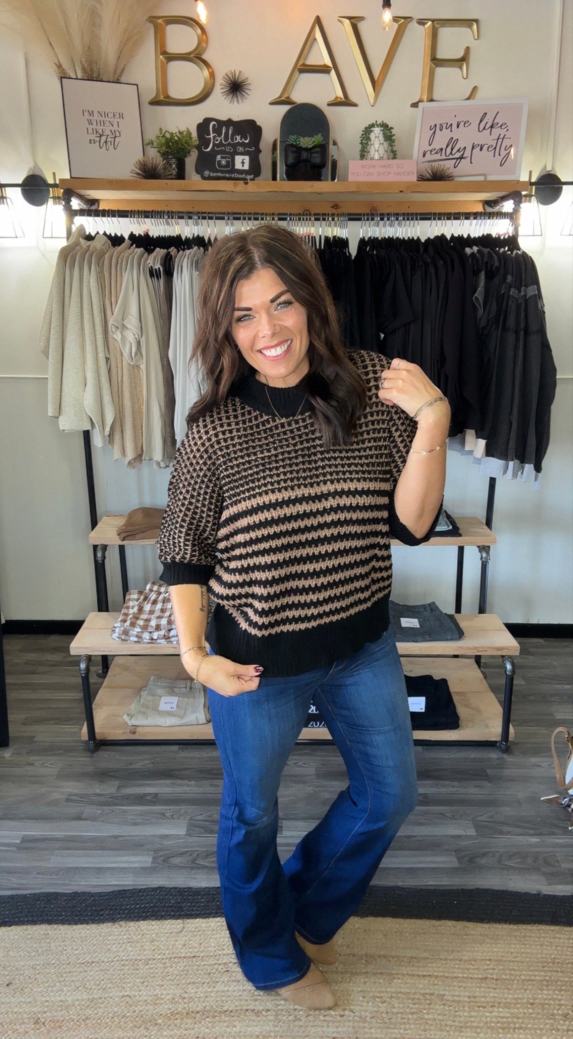 Black & Tan 3/4 Sleeve Slouchy Knit Sweater