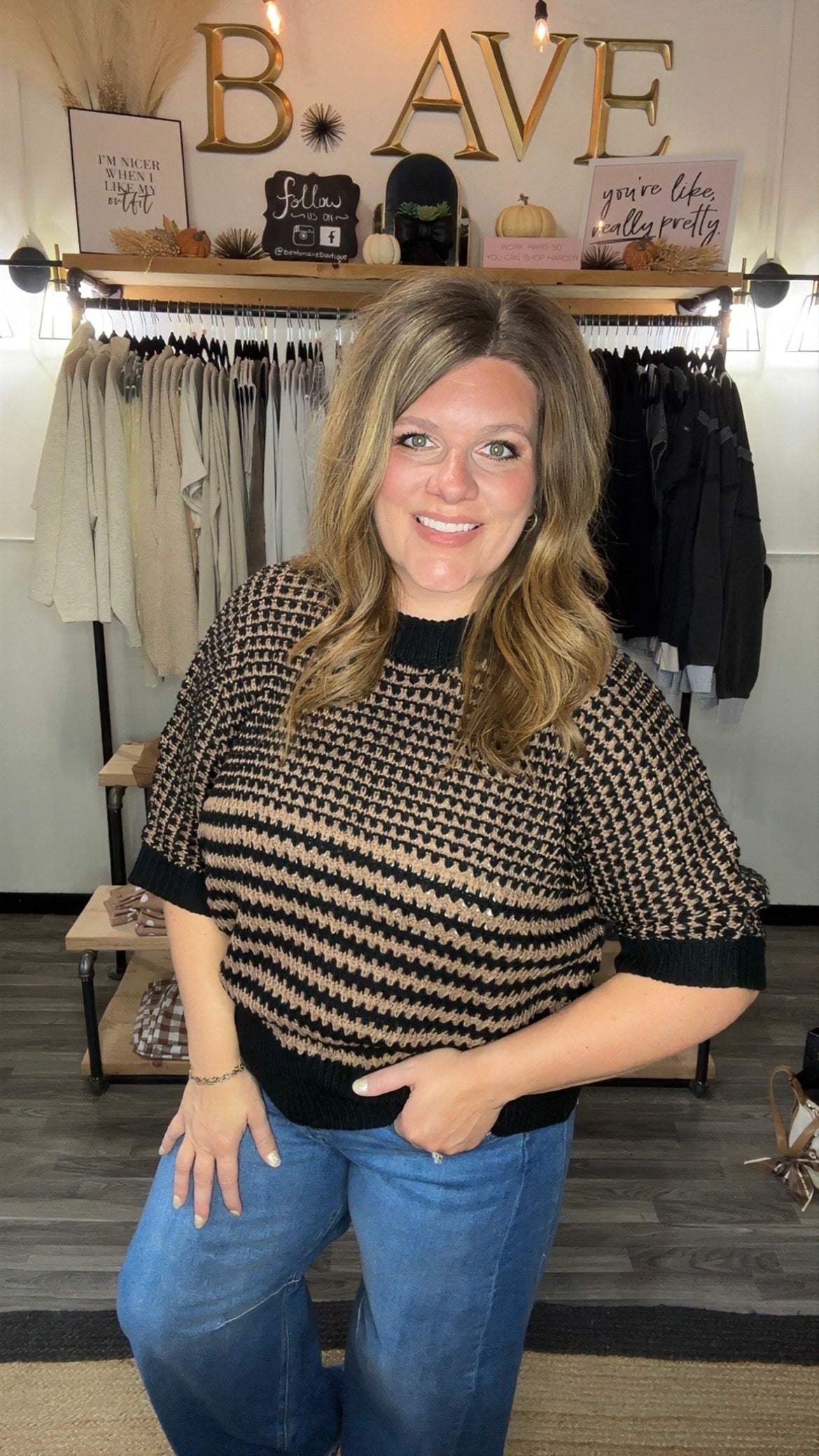 Black & Tan 3/4 Sleeve Slouchy Knit Sweater