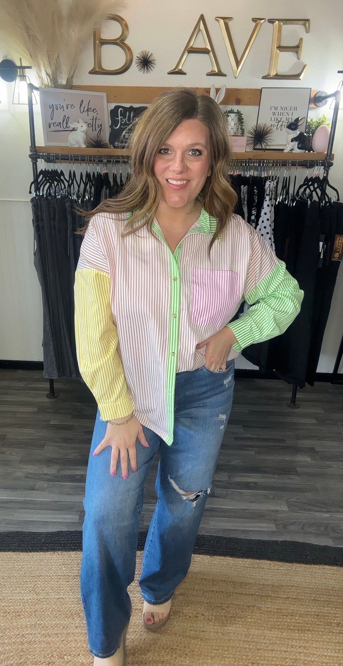 Blush Pink, Green & Yellow Color Block Stripe Shirt