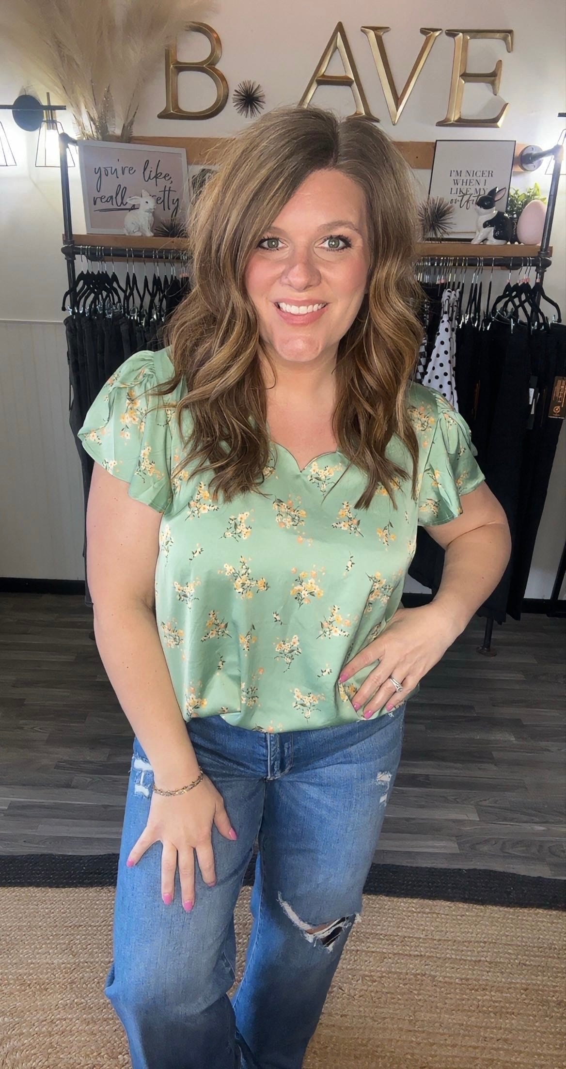 Floral Scallop Neck Satin Blouse