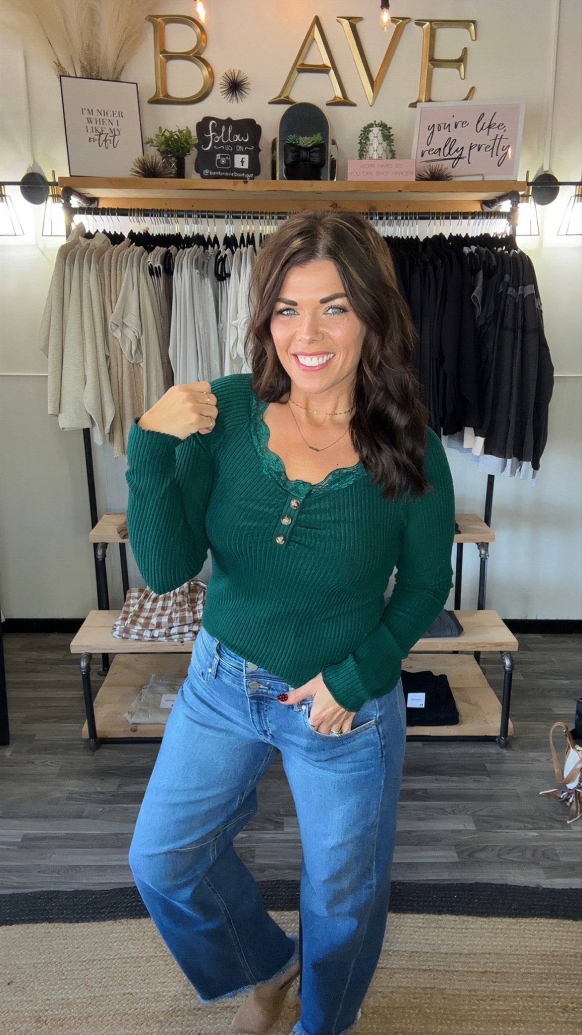 Soft Ribbed Long Sleeve Lace Trim Top