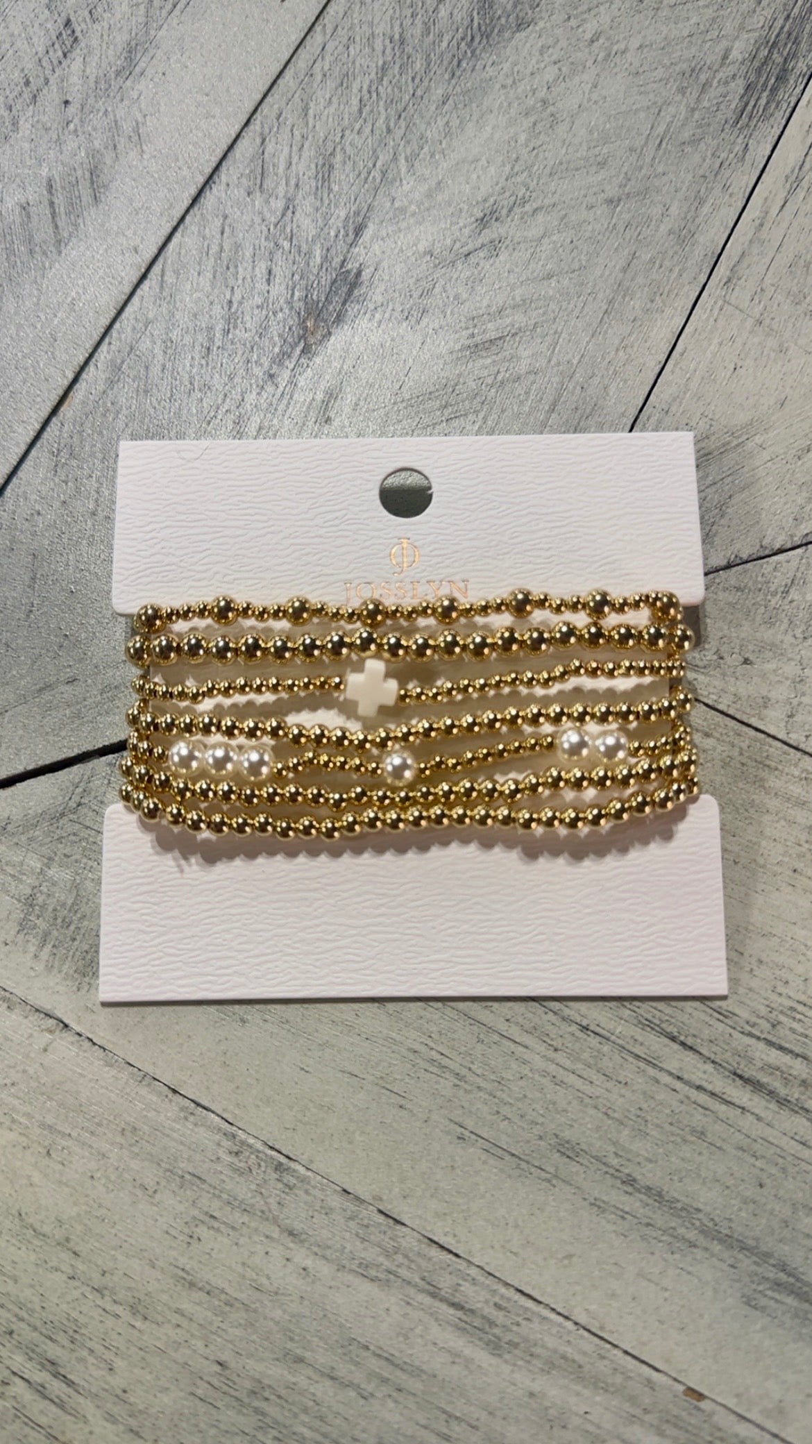 Gold & White Bead Cross Chain Bracelet