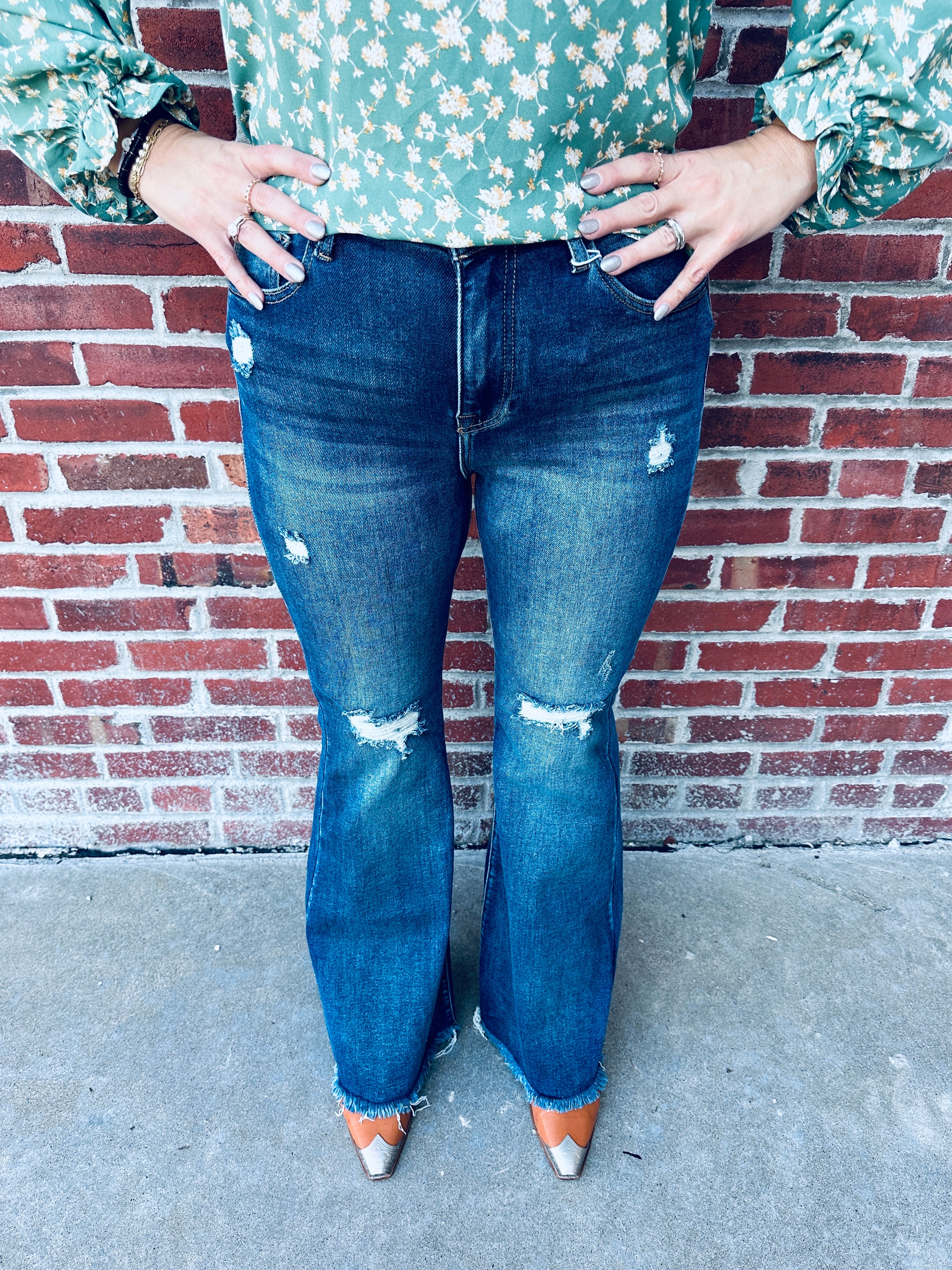 Risen Distressed Knee Flare Jeans